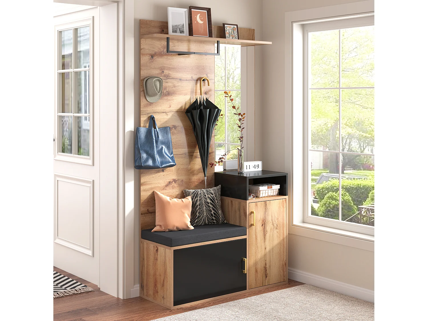 Schuhschrank-Set + Schuhbank + Spiegel + Garderobenständer – Spanplatte und MDF – Natur und Schwarz