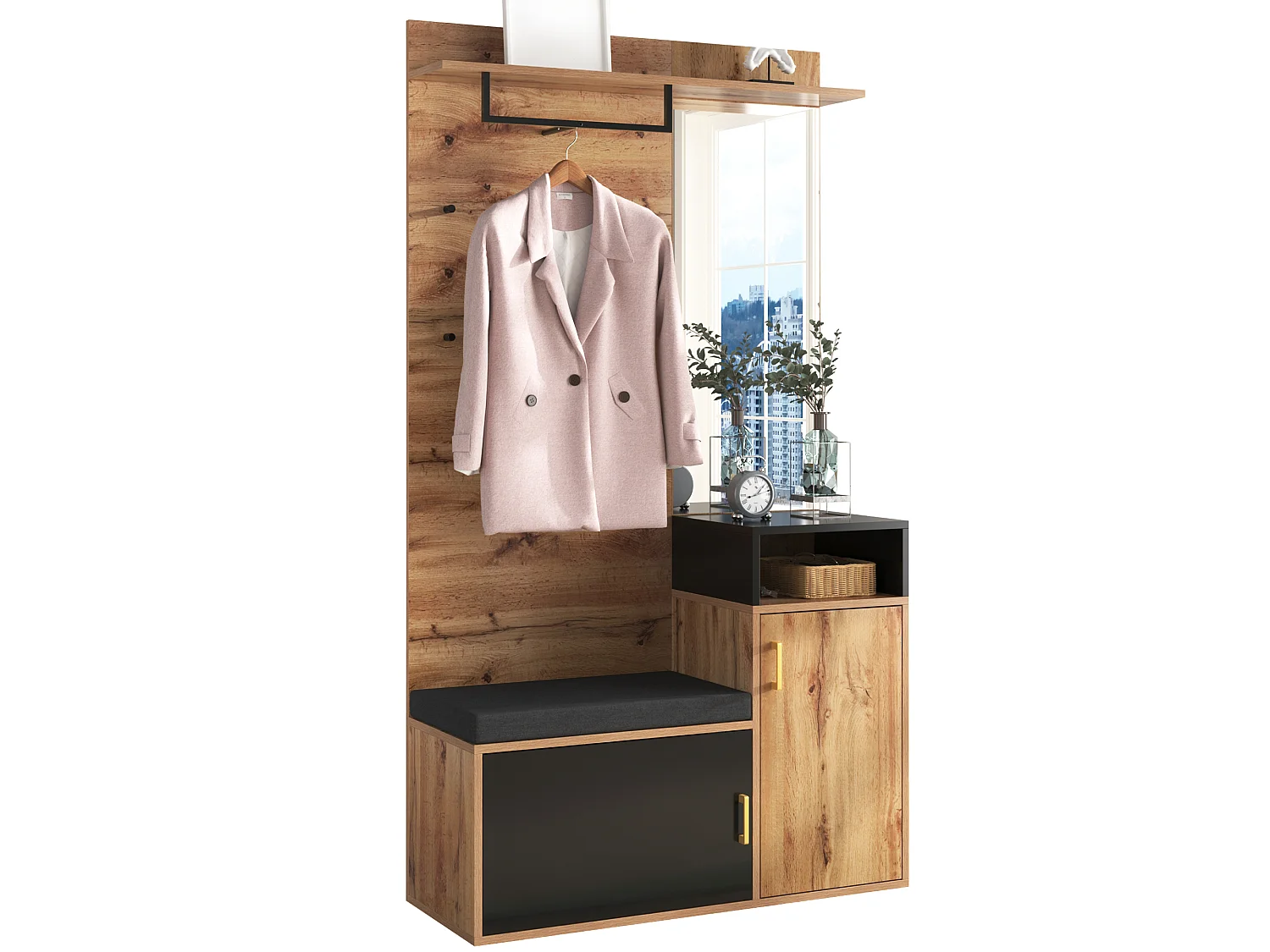 Schuhschrank-Set + Schuhbank + Spiegel + Garderobenständer – Spanplatte und MDF – Natur und Schwarz