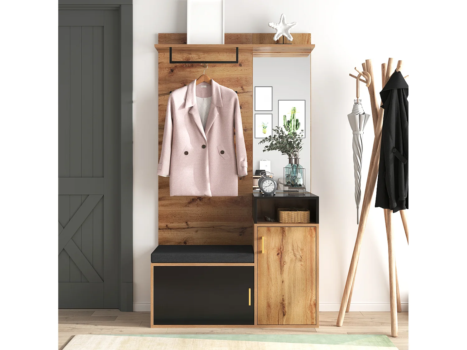 Schuhschrank-Set + Schuhbank + Spiegel + Garderobenständer – Spanplatte und MDF – Natur und Schwarz