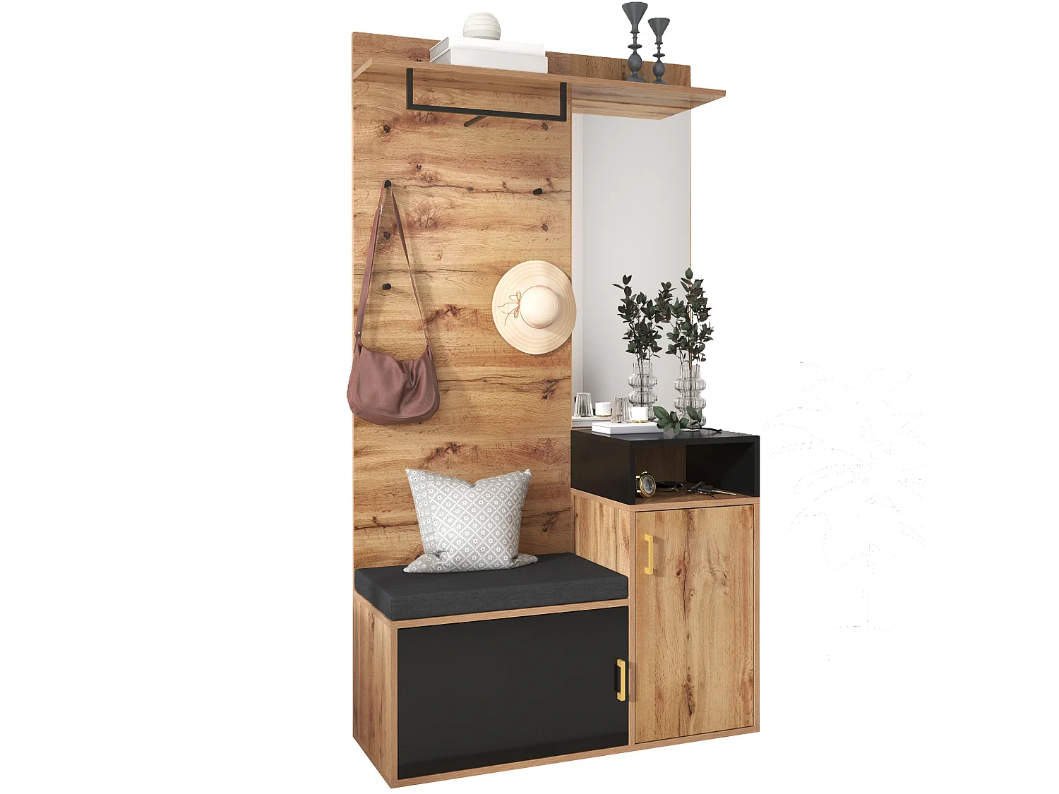 Schuhschrank-Set + Schuhbank + Spiegel + Garderobenständer – Spanplatte und MDF – Natur und Schwarz