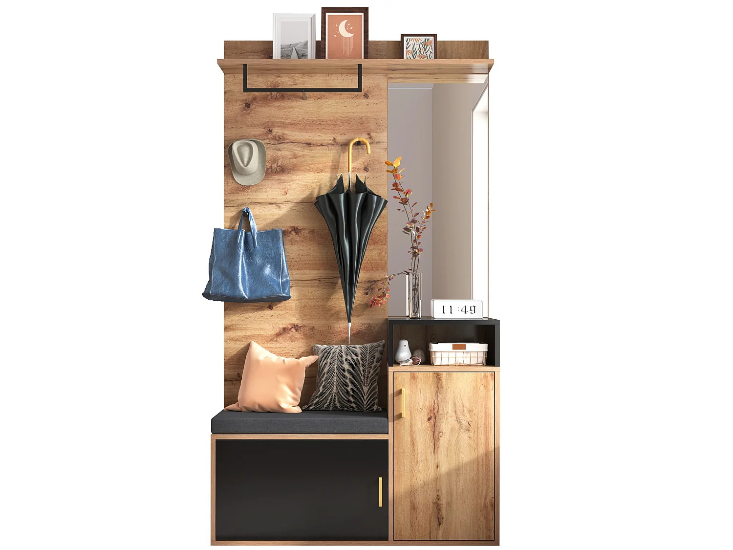 Schuhschrank-Set + Schuhbank + Spiegel + Garderobenständer – Spanplatte und MDF – Natur und Schwarz