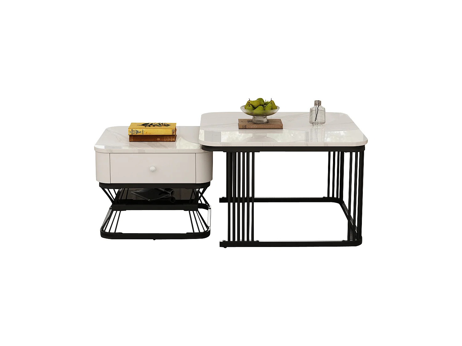 Set of 2 Nesting Tables - 70x70x45 cm + 50x50x40 cm - with 1 Drawer - Smooth Marble Texture - White + Black