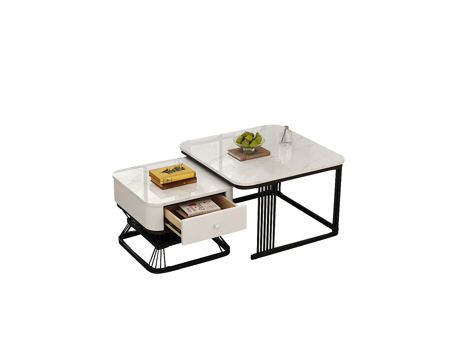Set of 2 Nesting Tables - 70x70x45 cm + 50x50x40 cm - with 1 Drawer - Smooth Marble Texture - White + Black