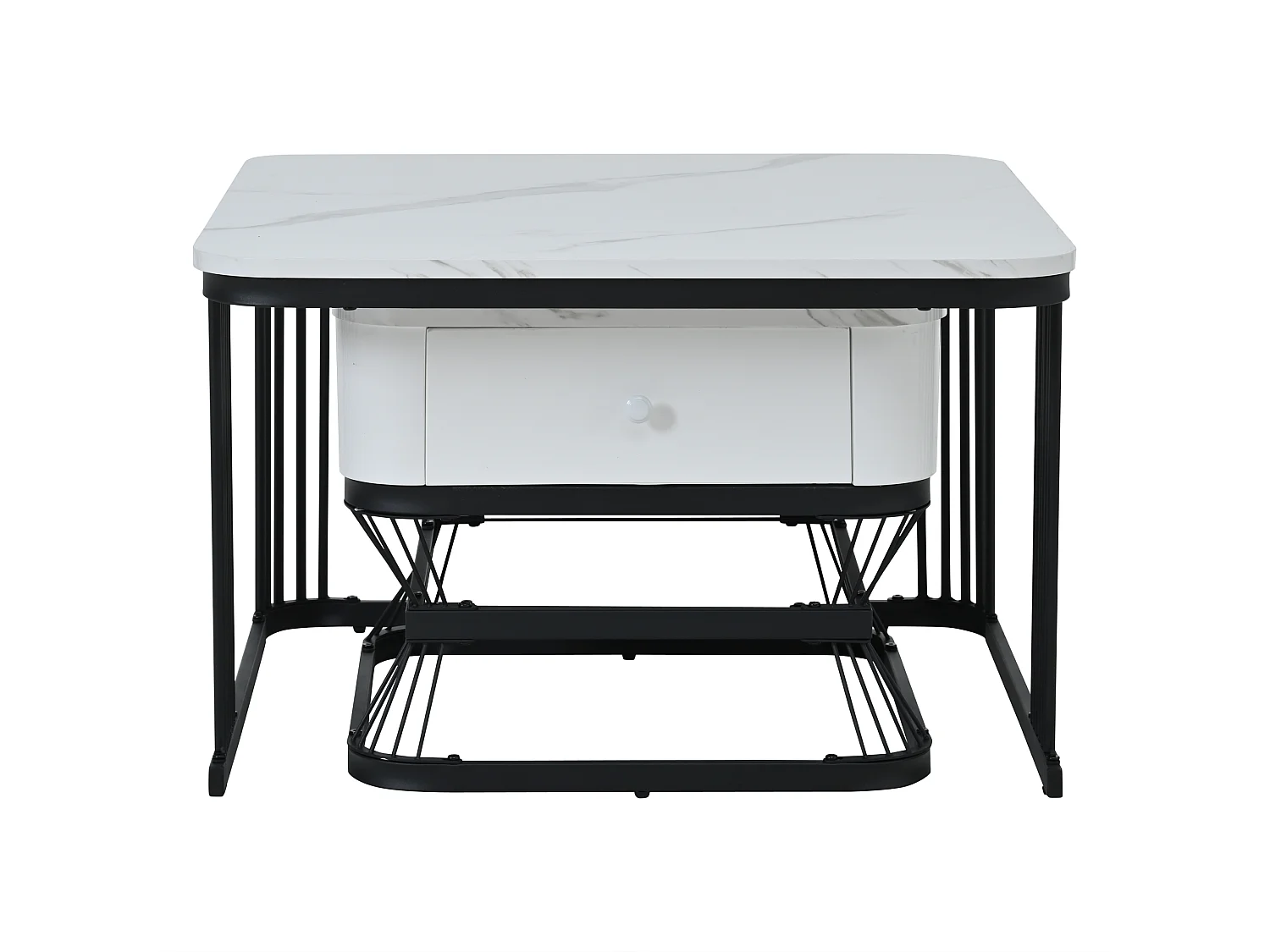 Set of 2 Nesting Tables - 70x70x45 cm + 50x50x40 cm - with 1 Drawer - Smooth Marble Texture - White + Black