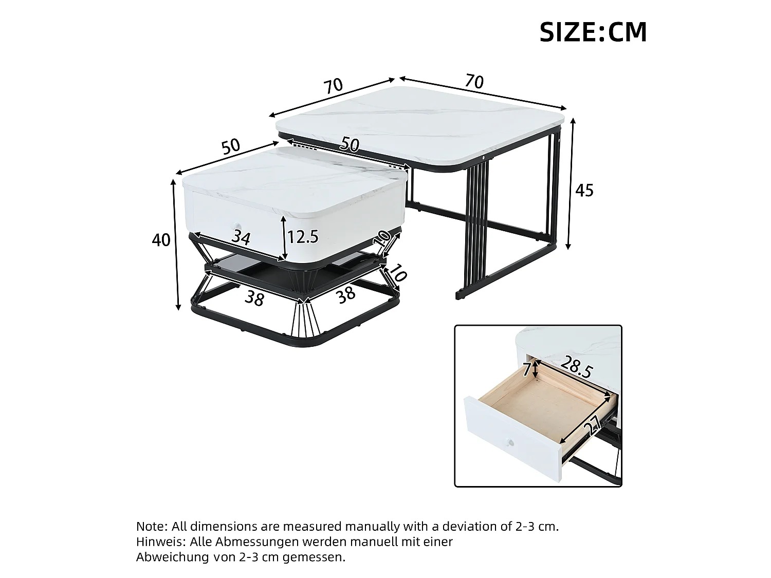 Set of 2 Nesting Tables - 70x70x45 cm + 50x50x40 cm - with 1 Drawer - Smooth Marble Texture - White + Black