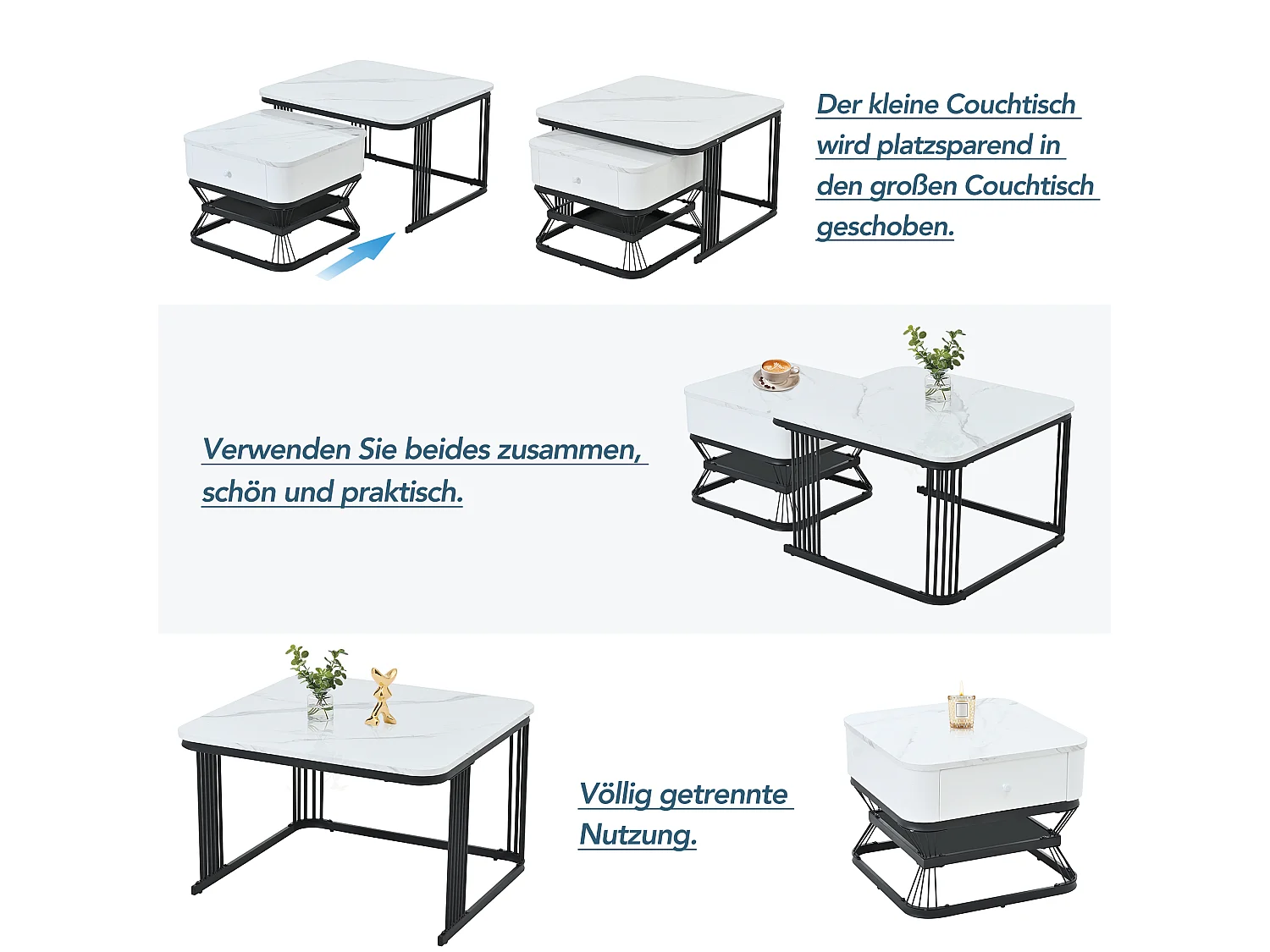 Set of 2 Nesting Tables - 70x70x45 cm + 50x50x40 cm - with 1 Drawer - Smooth Marble Texture - White + Black