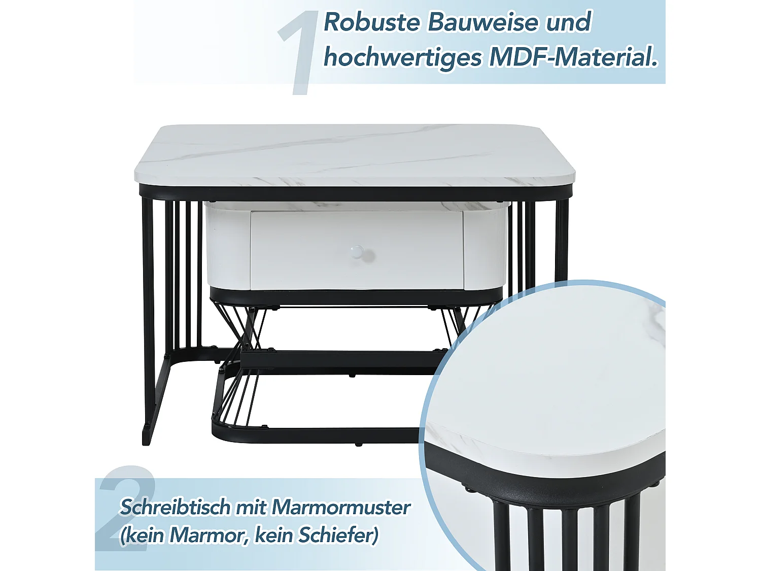 Set of 2 Nesting Tables - 70x70x45 cm + 50x50x40 cm - with 1 Drawer - Smooth Marble Texture - White + Black