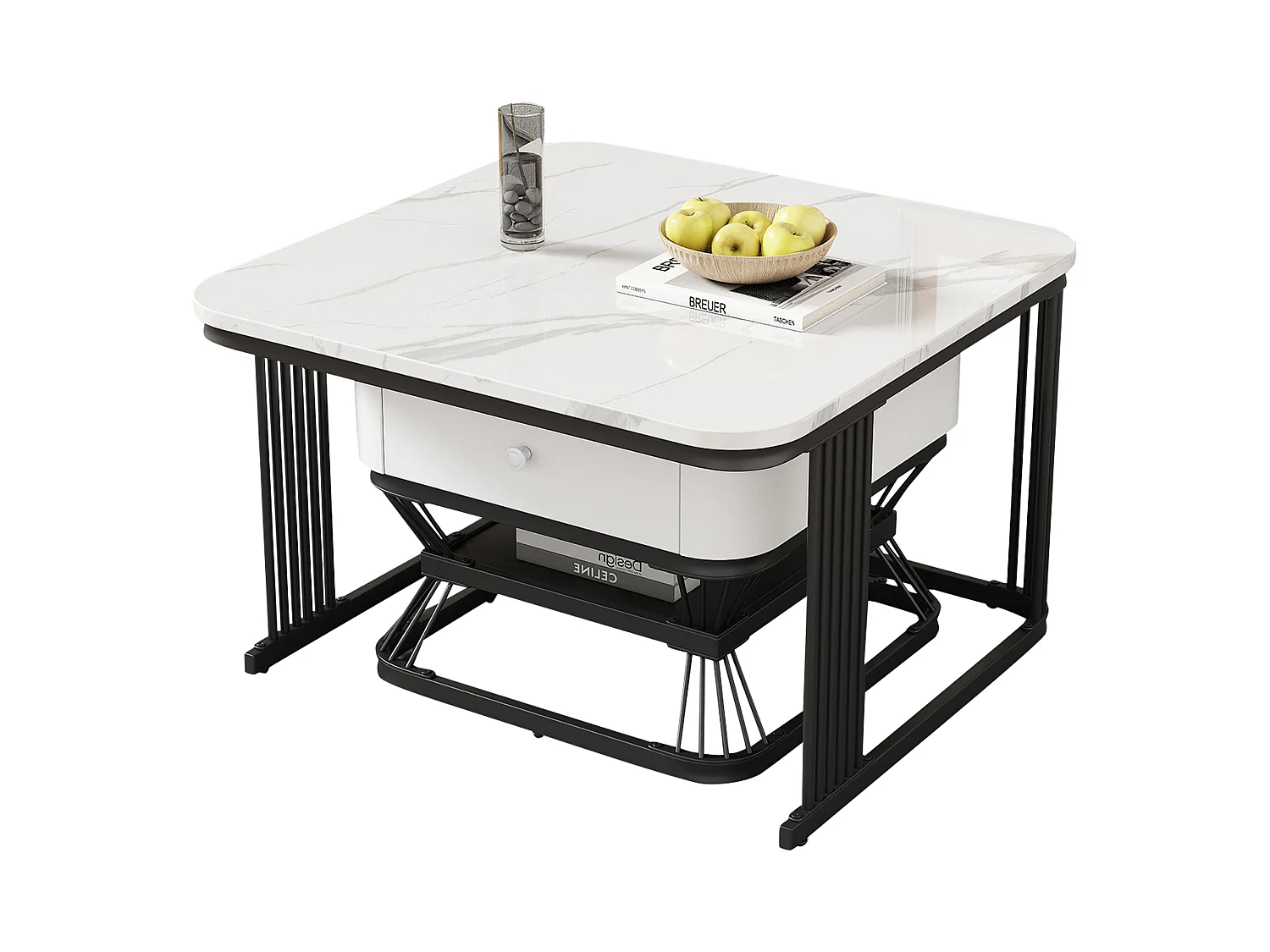 Set of 2 Nesting Tables - 70x70x45 cm + 50x50x40 cm - with 1 Drawer - Smooth Marble Texture - White + Black