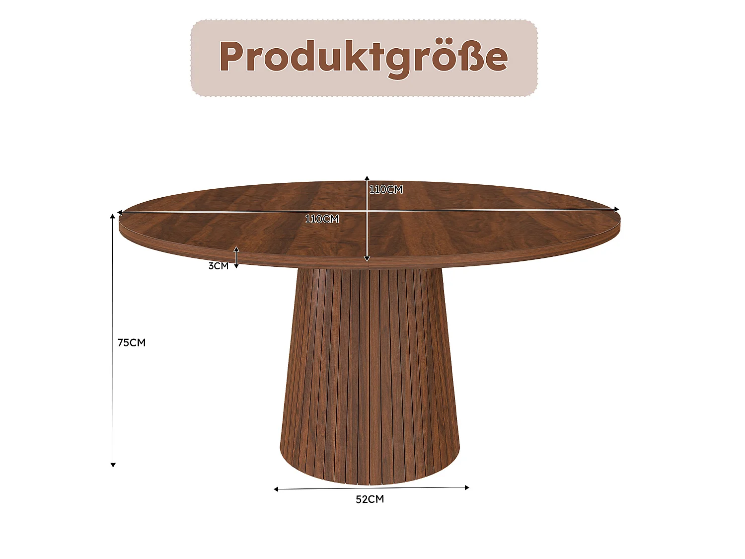Table à manger ronde 110 cm composé de 2 demi-cercles - Marron