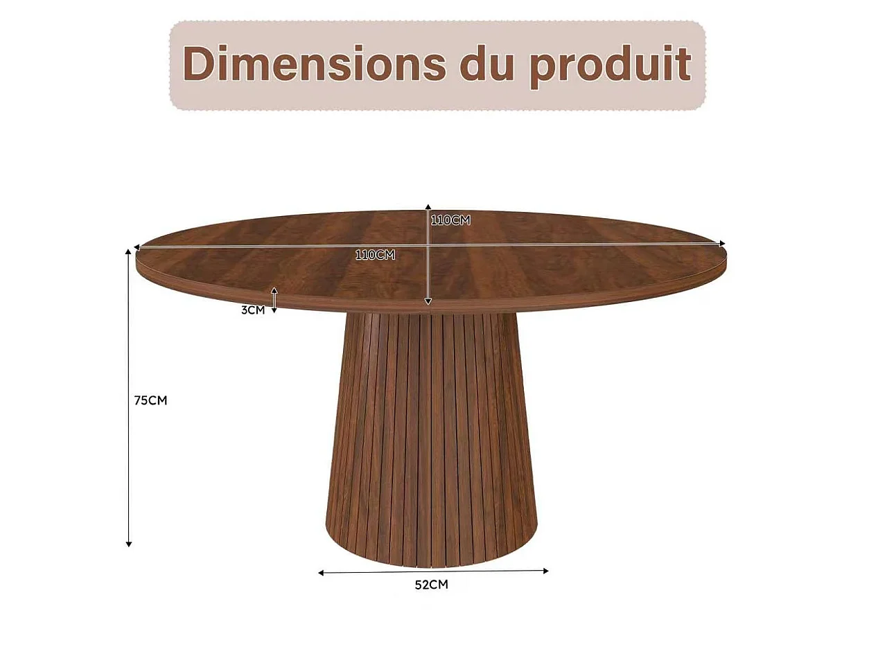 Table à manger ronde 110 cm composé de 2 demi-cercles - Marron