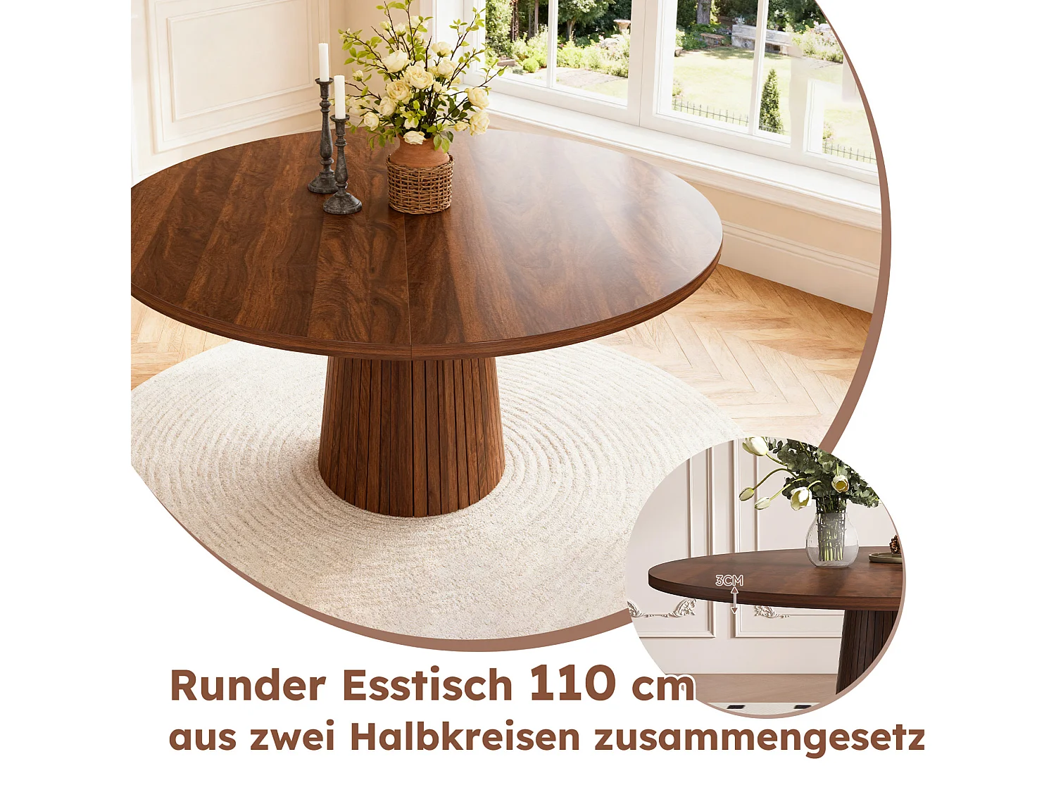 Table à manger ronde 110 cm composé de 2 demi-cercles - Marron