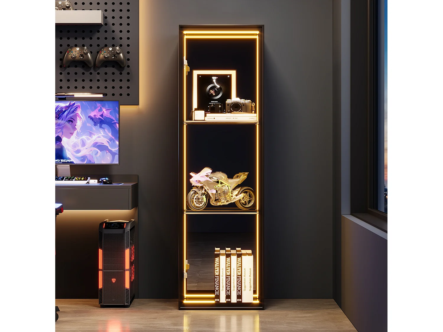 Vitrine mit 1 Tür – umlaufende LED-Beleuchtung – 30 x 30 x 90 cm – MDF, Glas und Aluminiumlegierung – Tür mit Soft-Close-Mechanismus – Schwarz
