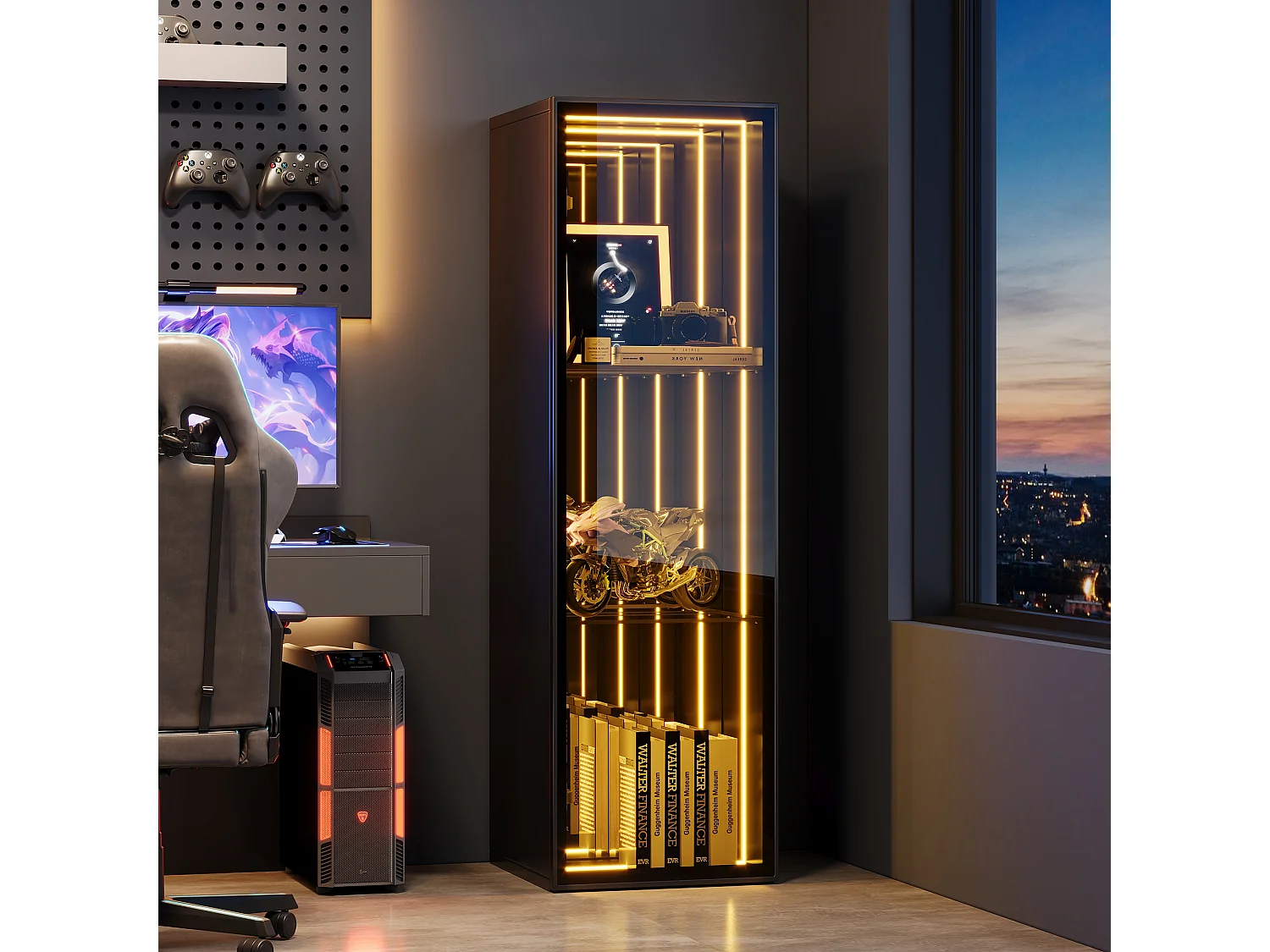 Vitrine mit 1 Tür – umlaufende LED-Beleuchtung – 30 x 30 x 90 cm – MDF, Glas und Aluminiumlegierung – Tür mit Soft-Close-Mechanismus – Schwarz