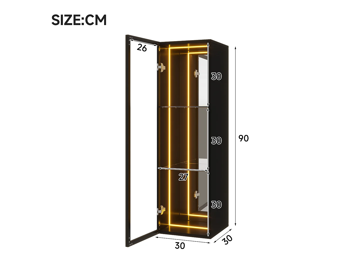 Vitrine mit 1 Tür – umlaufende LED-Beleuchtung – 30 x 30 x 90 cm – MDF, Glas und Aluminiumlegierung – Tür mit Soft-Close-Mechanismus – Schwarz