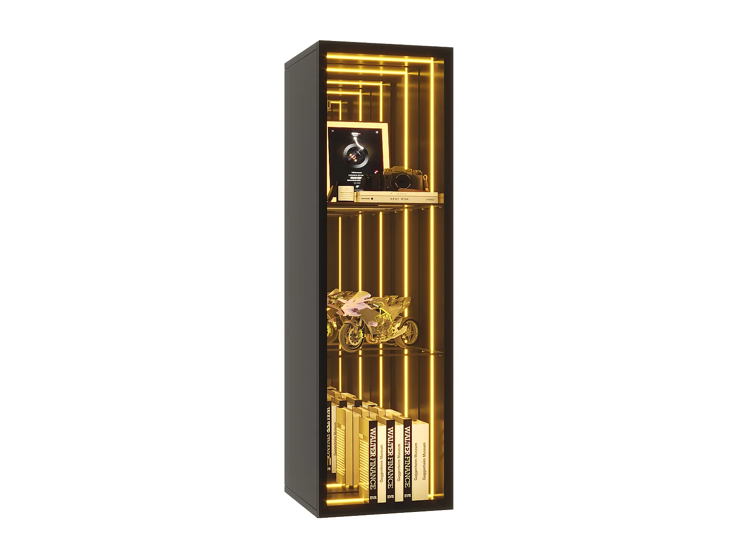 Vitrine mit 1 Tür – umlaufende LED-Beleuchtung – 30 x 30 x 90 cm – MDF, Glas und Aluminiumlegierung – Tür mit Soft-Close-Mechanismus – Schwarz