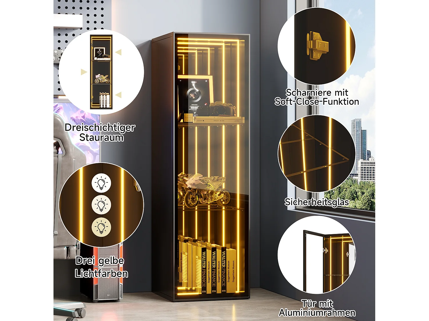 Vitrine mit 1 Tür – umlaufende LED-Beleuchtung – 30 x 30 x 90 cm – MDF, Glas und Aluminiumlegierung – Tür mit Soft-Close-Mechanismus – Schwarz