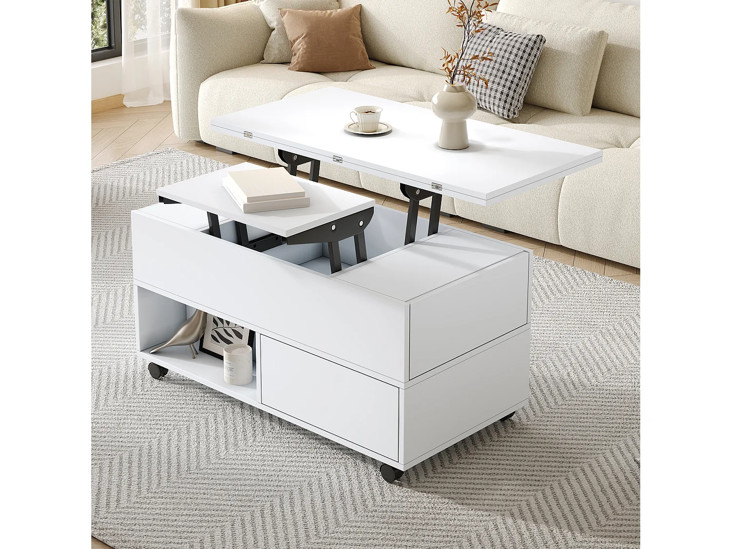Lift-top coffee table with 4 drawers and casters - Particleboard - 100 x 50 x 52/66 cm - White