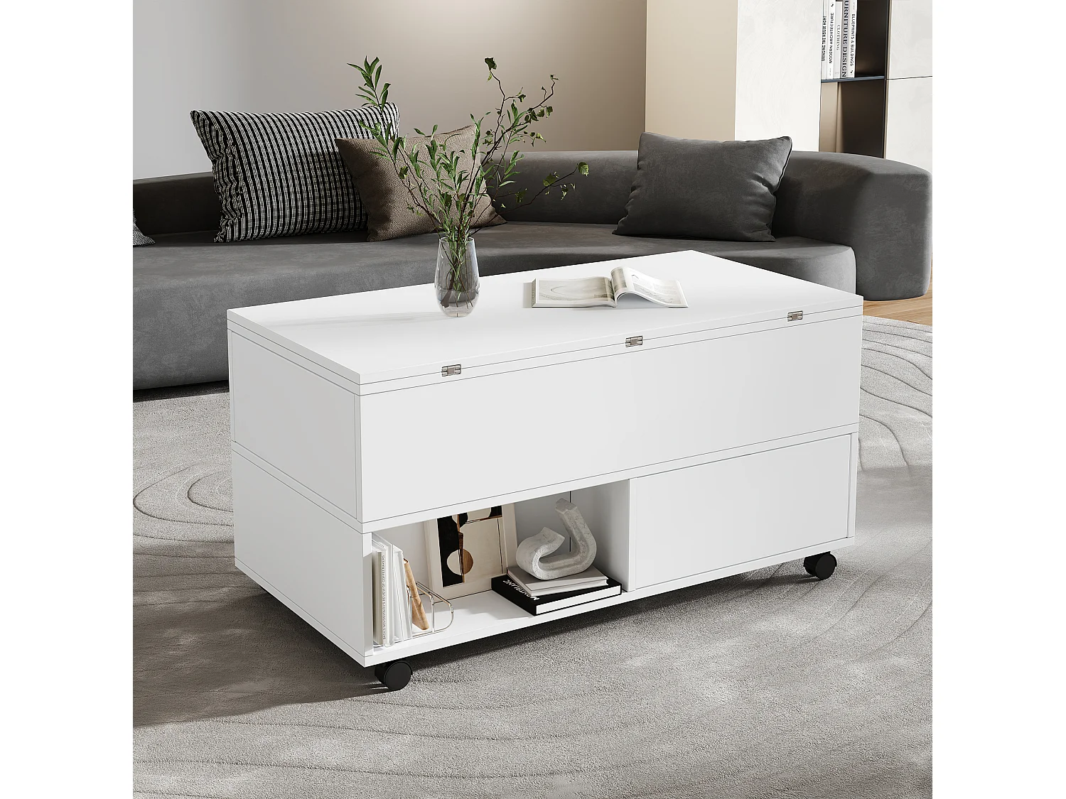 Lift-top coffee table with 4 drawers and casters - Particleboard - 100 x 50 x 52/66 cm - White