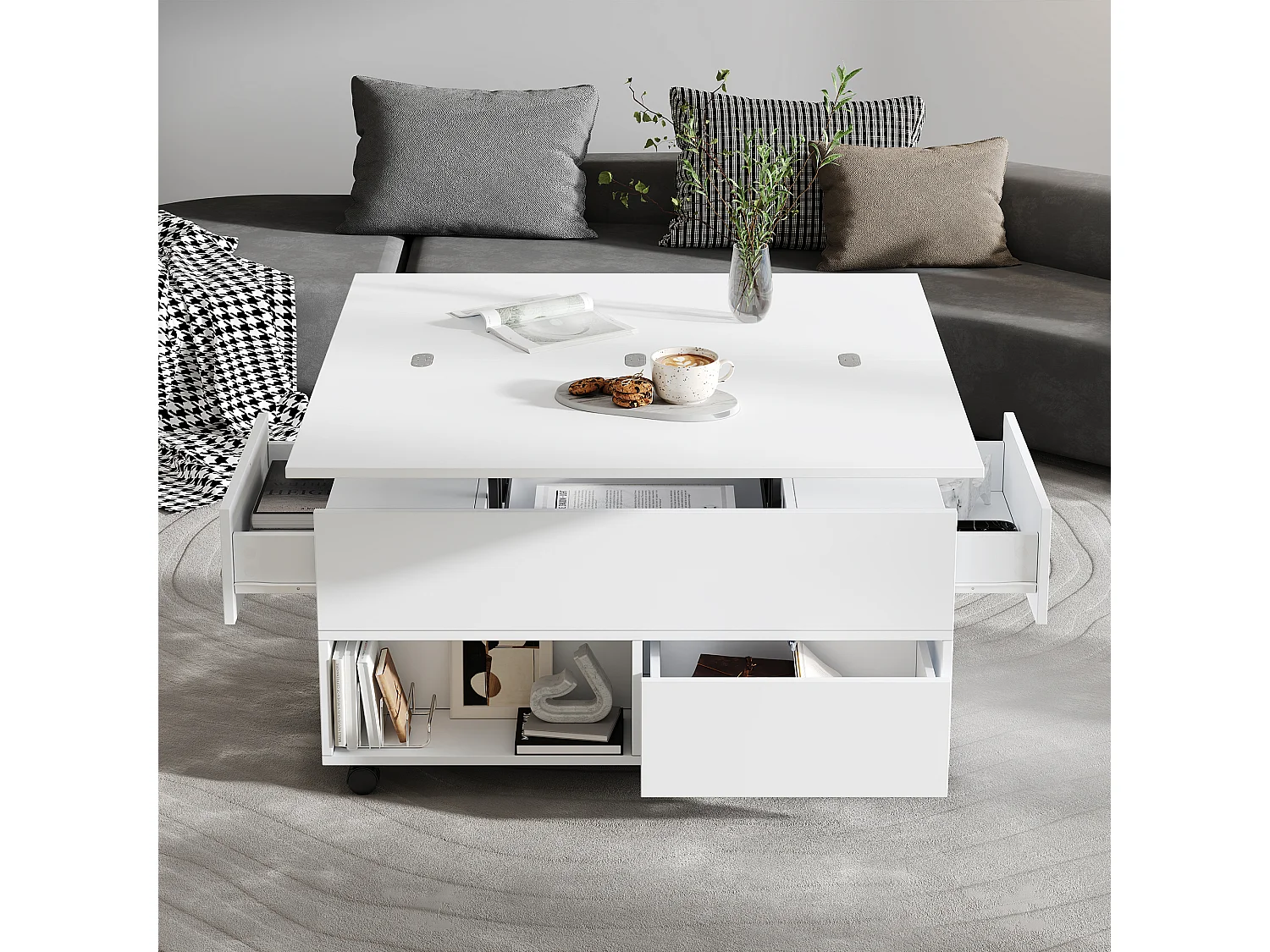 Lift-top coffee table with 4 drawers and casters - Particleboard - 100 x 50 x 52/66 cm - White