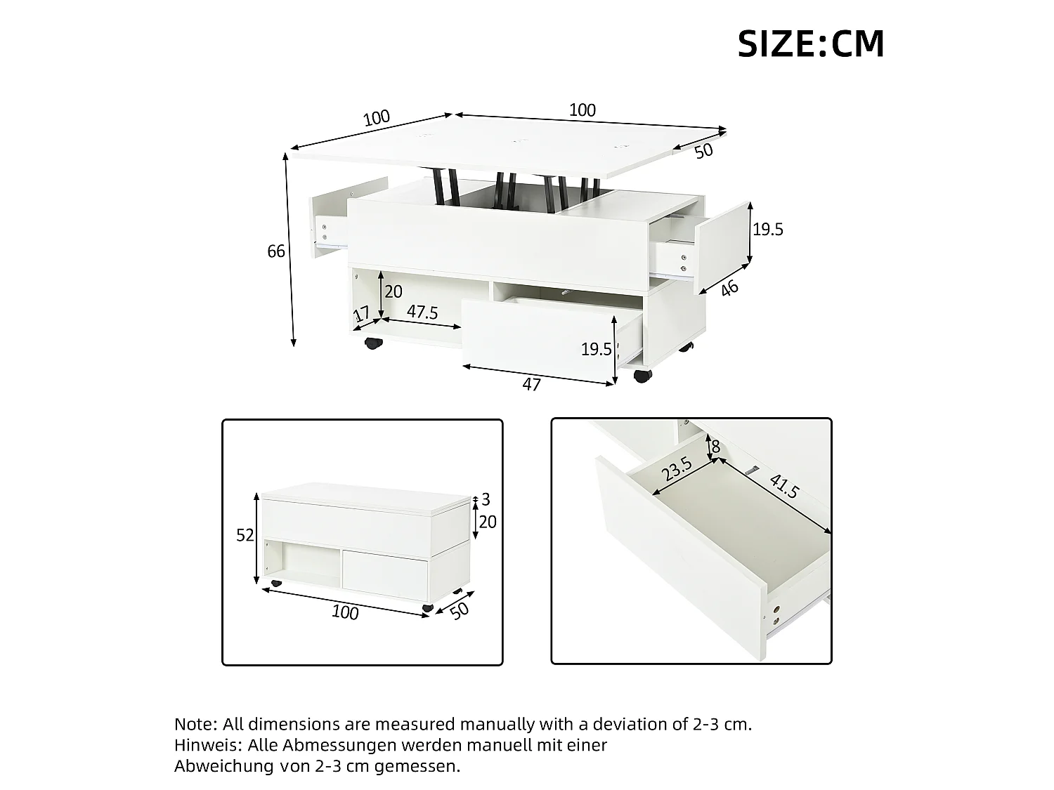 Lift-top coffee table with 4 drawers and casters - Particleboard - 100 x 50 x 52/66 cm - White