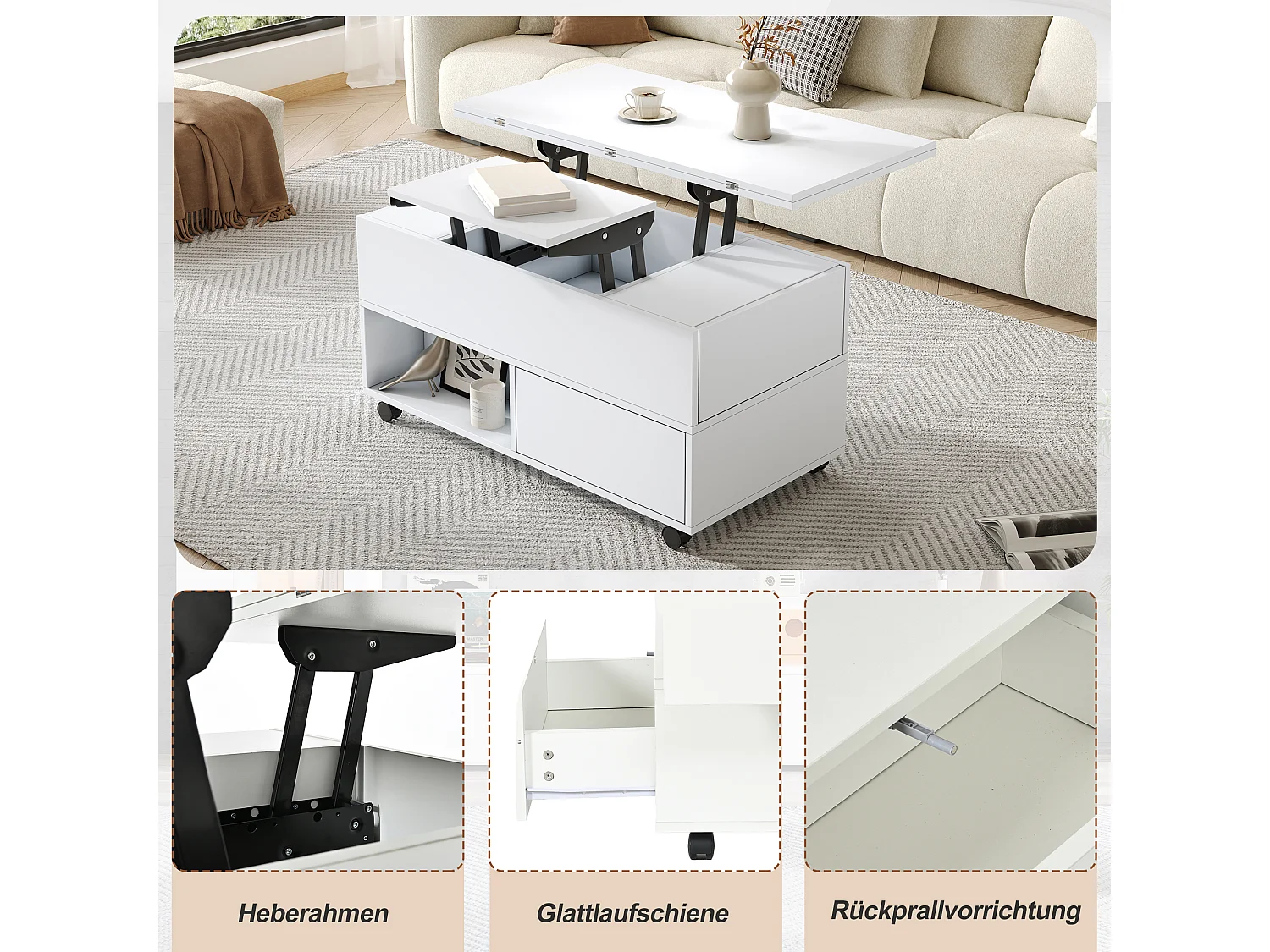 Lift-top coffee table with 4 drawers and casters - Particleboard - 100 x 50 x 52/66 cm - White