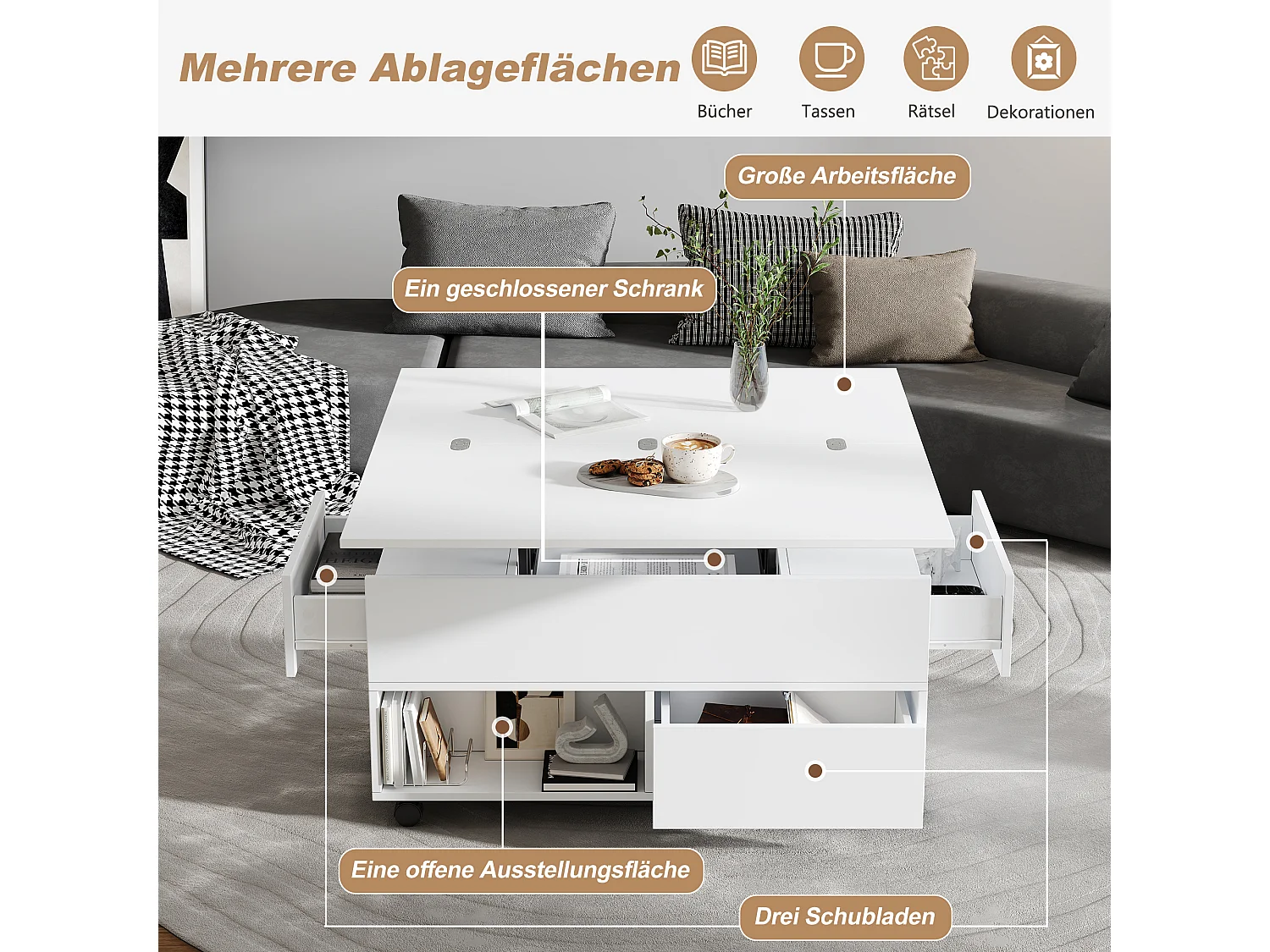 Lift-top coffee table with 4 drawers and casters - Particleboard - 100 x 50 x 52/66 cm - White