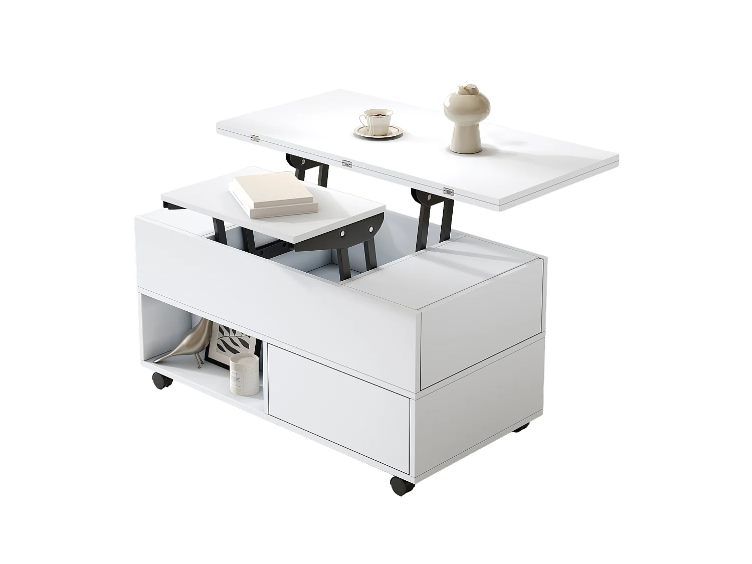 Lift-top coffee table with 4 drawers and casters - Particleboard - 100 x 50 x 52/66 cm - White