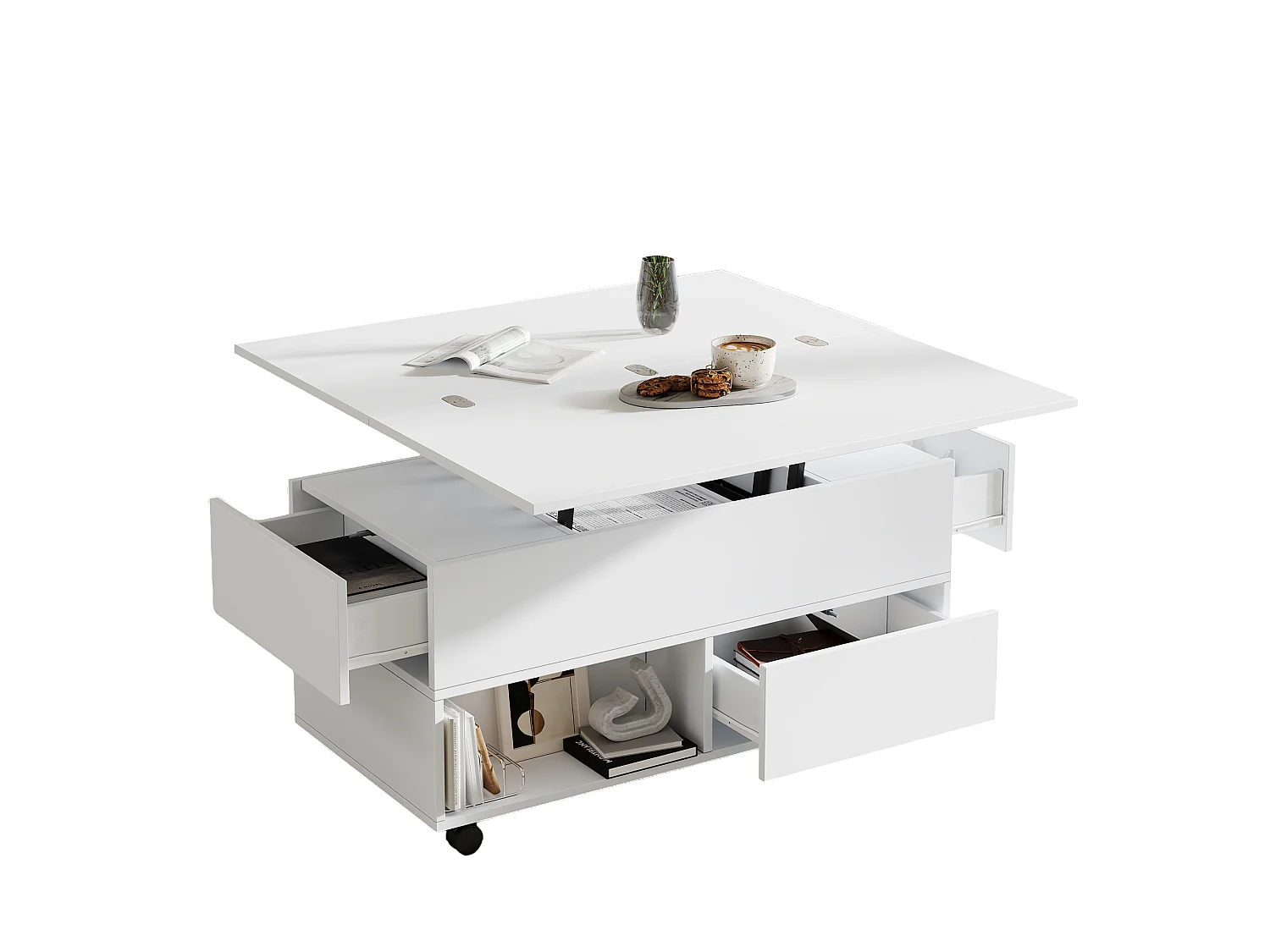 Lift-top coffee table with 4 drawers and casters - Particleboard - 100 x 50 x 52/66 cm - White