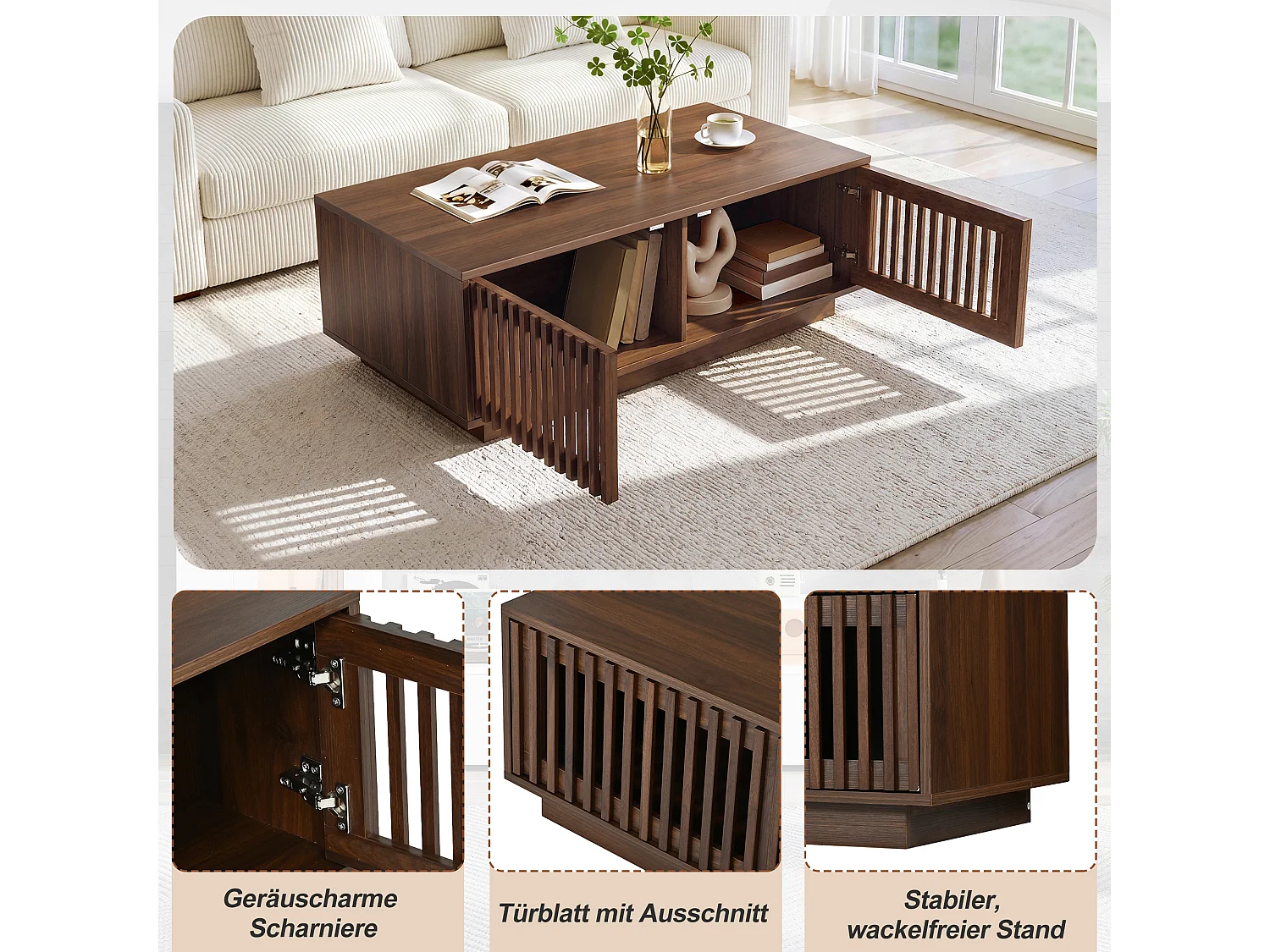 Coffee table with storage, 100 cm, 2 slatted doors and walnut effect design - MDF and particleboard - 100 x 50 x 35 cm - Walnut