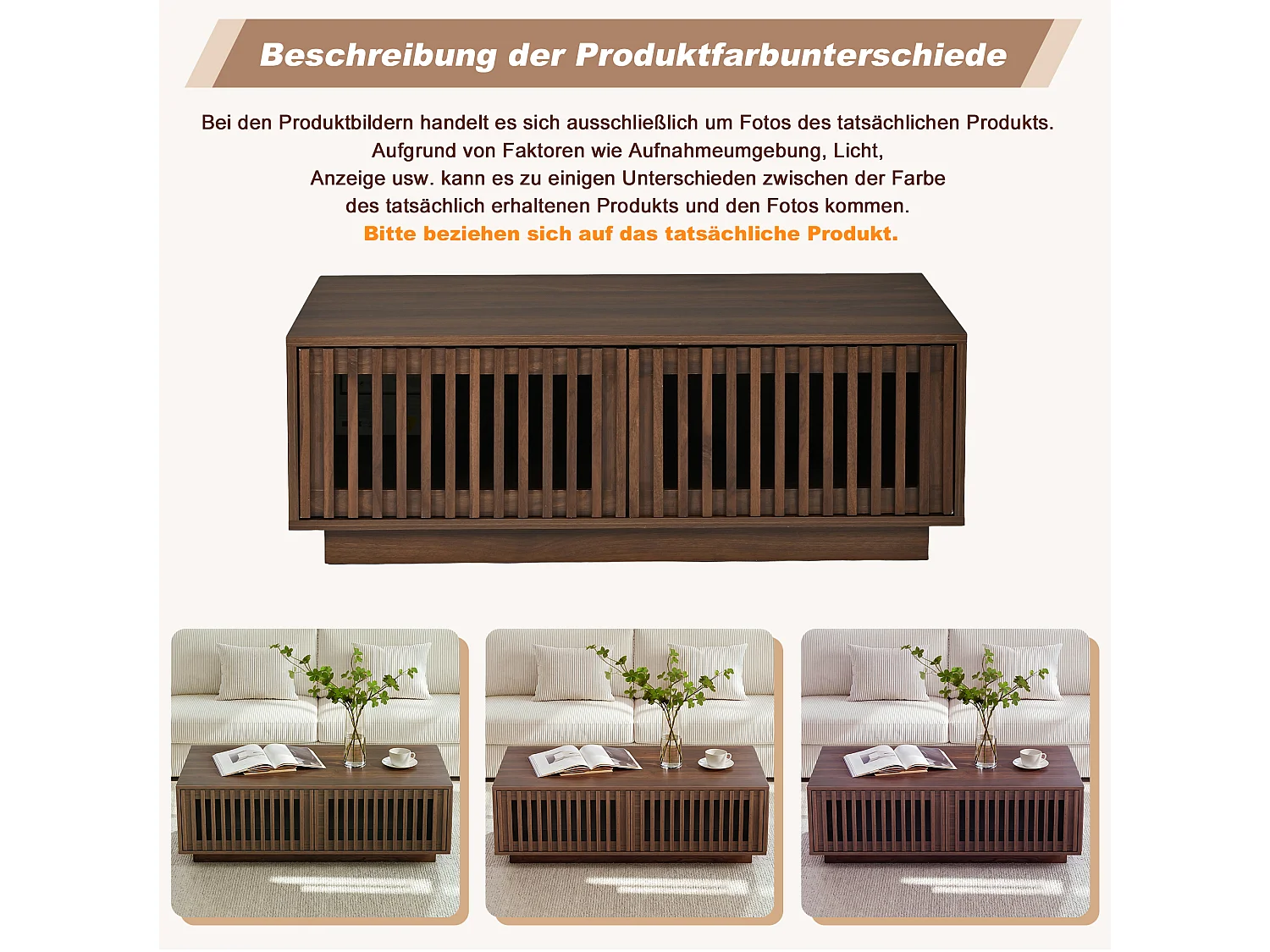 Coffee table with storage, 100 cm, 2 slatted doors and walnut effect design - MDF and particleboard - 100 x 50 x 35 cm - Walnut