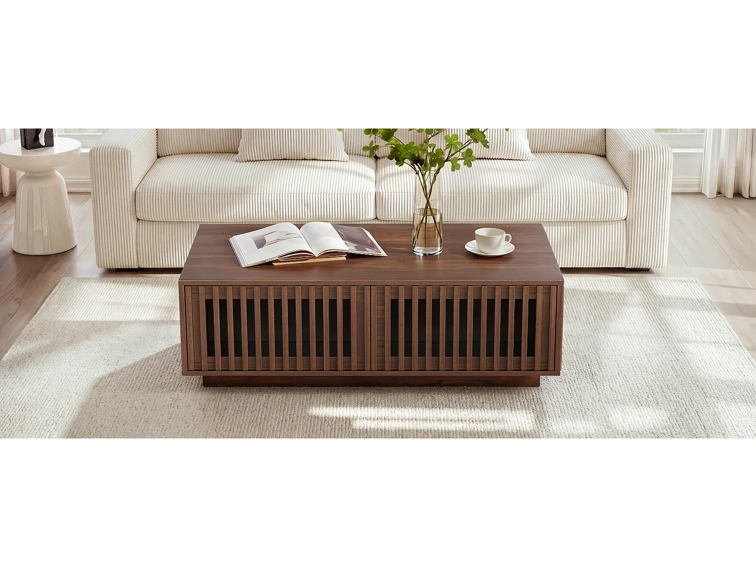 Coffee table with storage, 100 cm, 2 slatted doors and walnut effect design - MDF and particleboard - 100 x 50 x 35 cm - Walnut