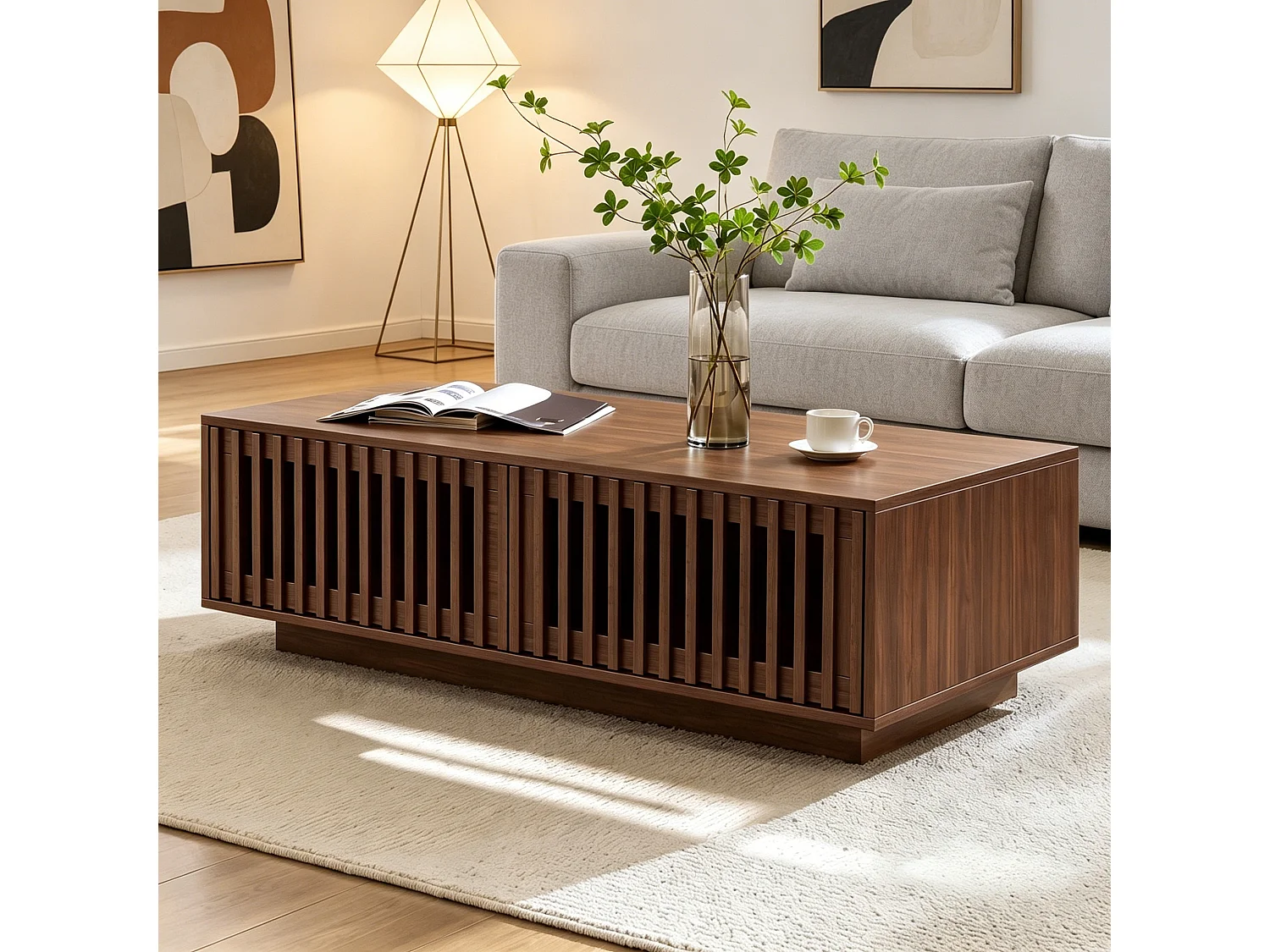 Coffee table with storage, 100 cm, 2 slatted doors and walnut effect design - MDF and particleboard - 100 x 50 x 35 cm - Walnut