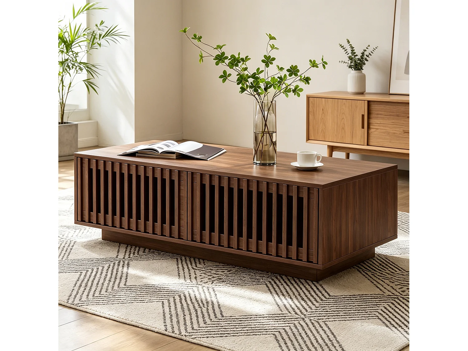 Coffee table with storage, 100 cm, 2 slatted doors and walnut effect design - MDF and particleboard - 100 x 50 x 35 cm - Walnut
