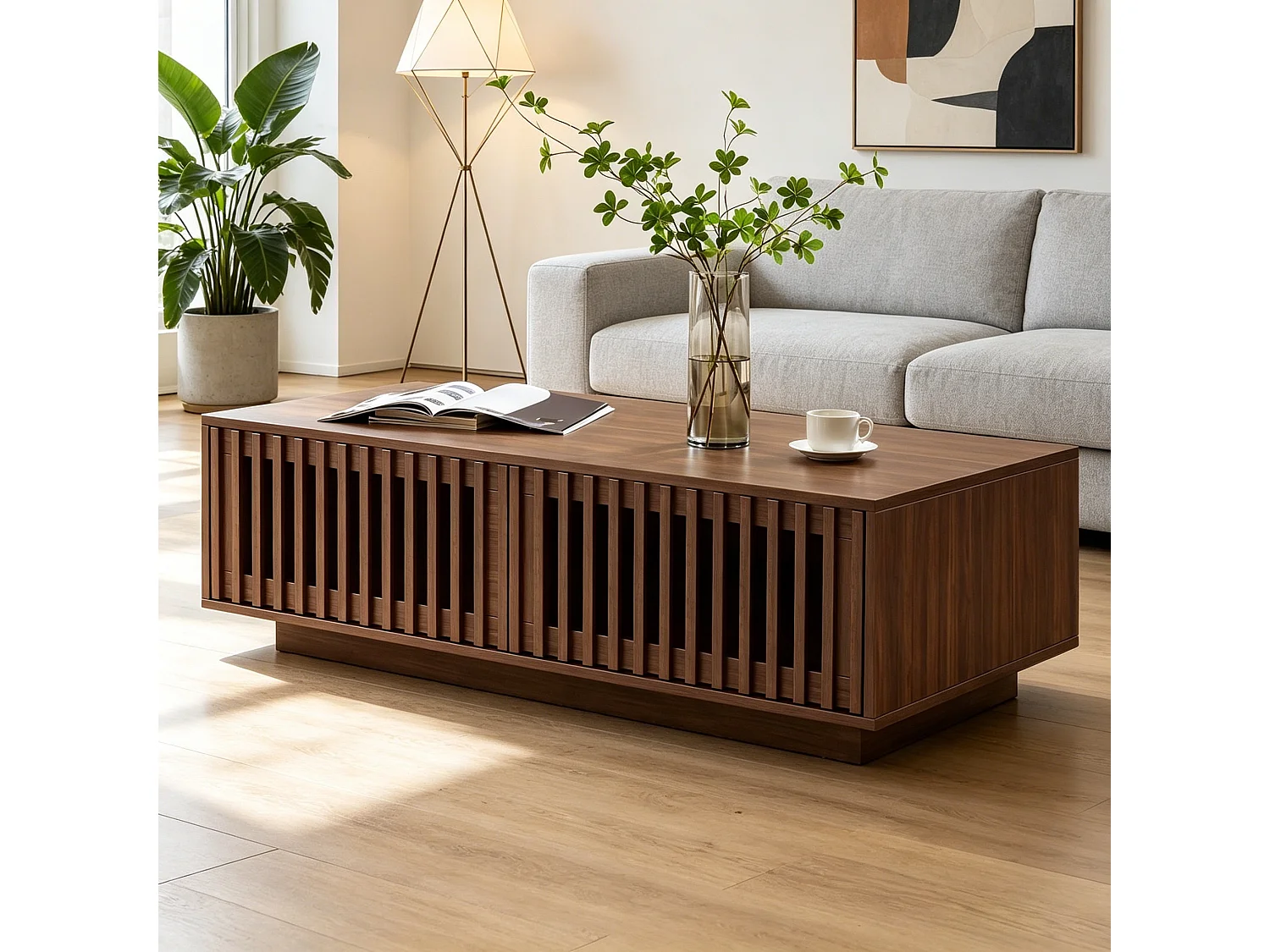 Coffee table with storage, 100 cm, 2 slatted doors and walnut effect design - MDF and particleboard - 100 x 50 x 35 cm - Walnut