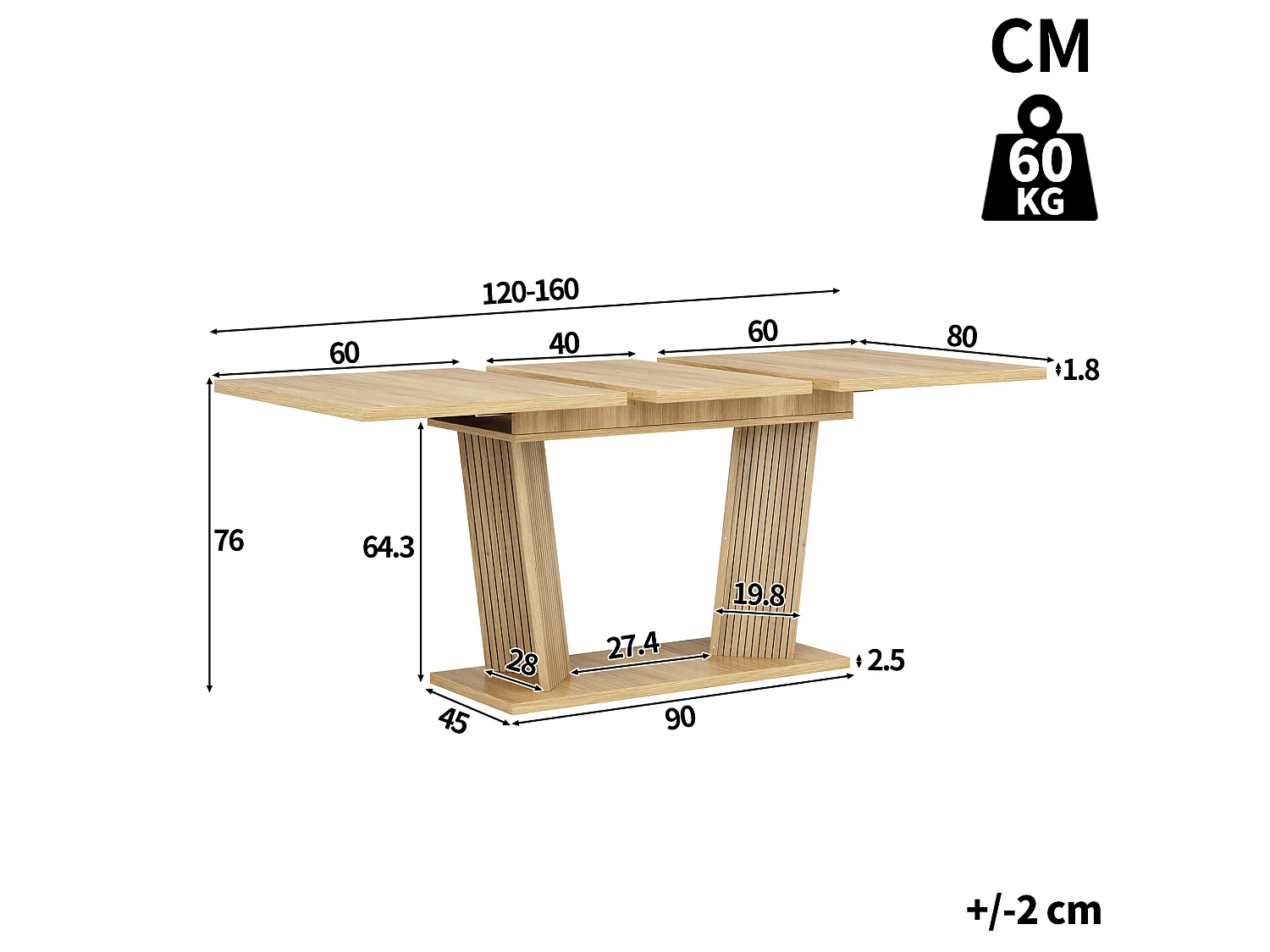 Table à manger extensible 120/160 x 80 cm - Table flexible - Naturel clair