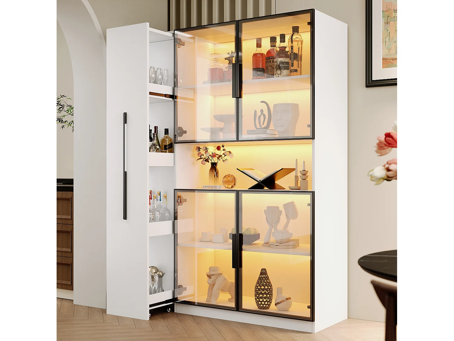 Vitrine mit LED-Beleuchtung, 4 Türen und Auszugsböden – MDF und Glas – 110 x 35 x 160 cm – Weiß