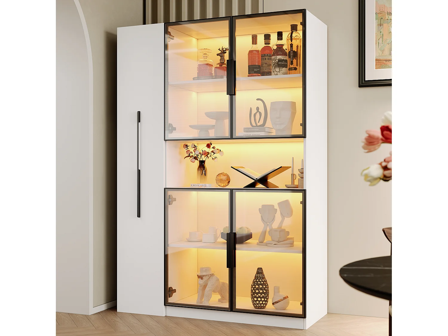Vitrine mit LED-Beleuchtung, 4 Türen und Auszugsböden – MDF und Glas – 110 x 35 x 160 cm – Weiß