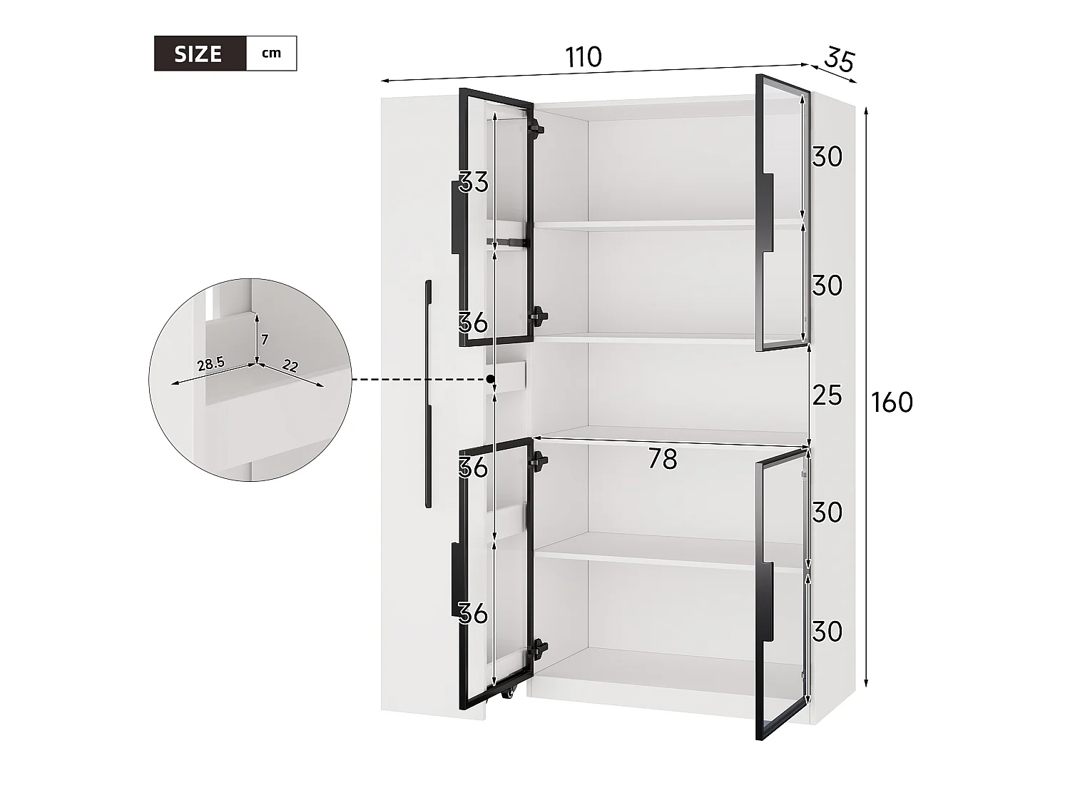 Vitrine mit LED-Beleuchtung, 4 Türen und Auszugsböden – MDF und Glas – 110 x 35 x 160 cm – Weiß
