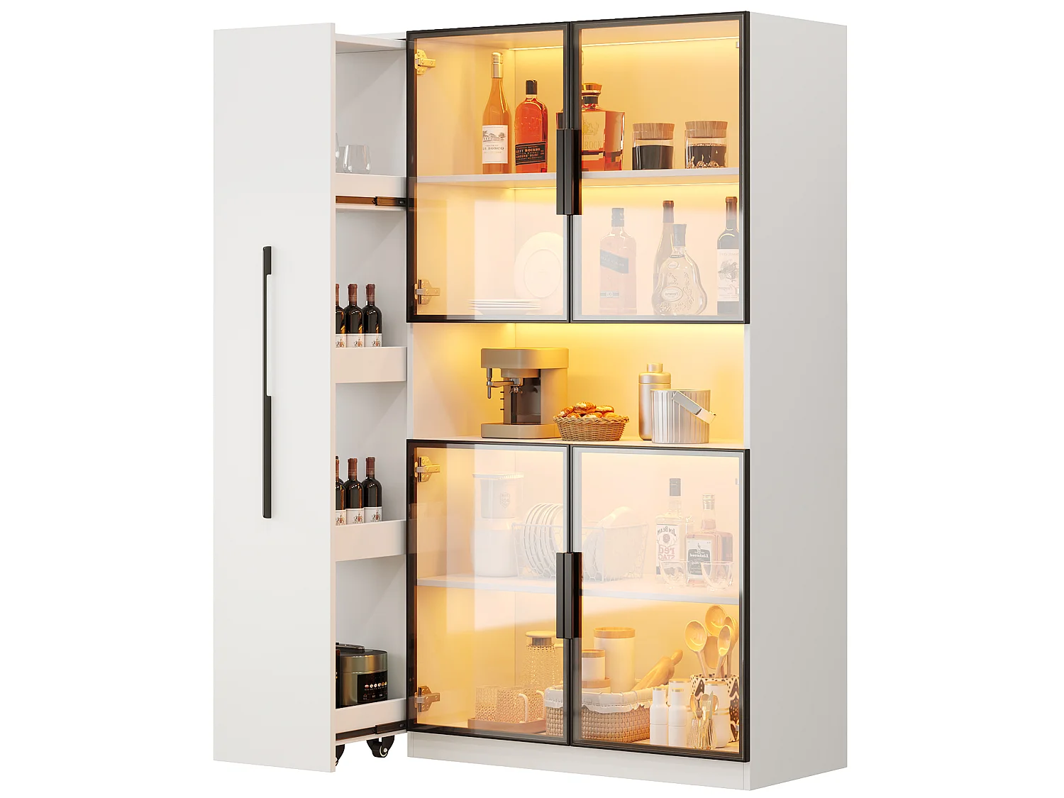 Vitrine mit LED-Beleuchtung, 4 Türen und Auszugsböden – MDF und Glas – 110 x 35 x 160 cm – Weiß