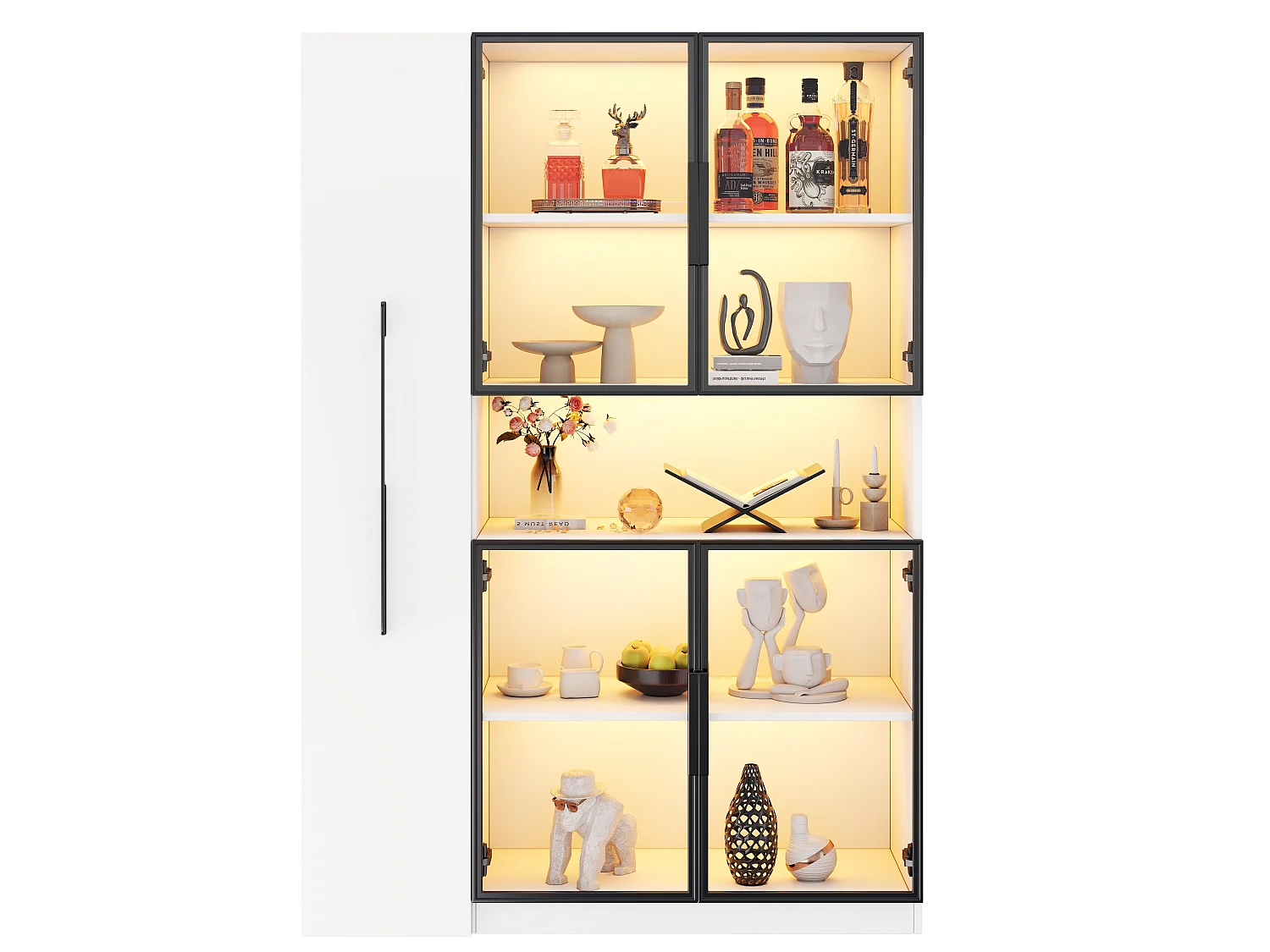 Vitrine mit LED-Beleuchtung, 4 Türen und Auszugsböden – MDF und Glas – 110 x 35 x 160 cm – Weiß