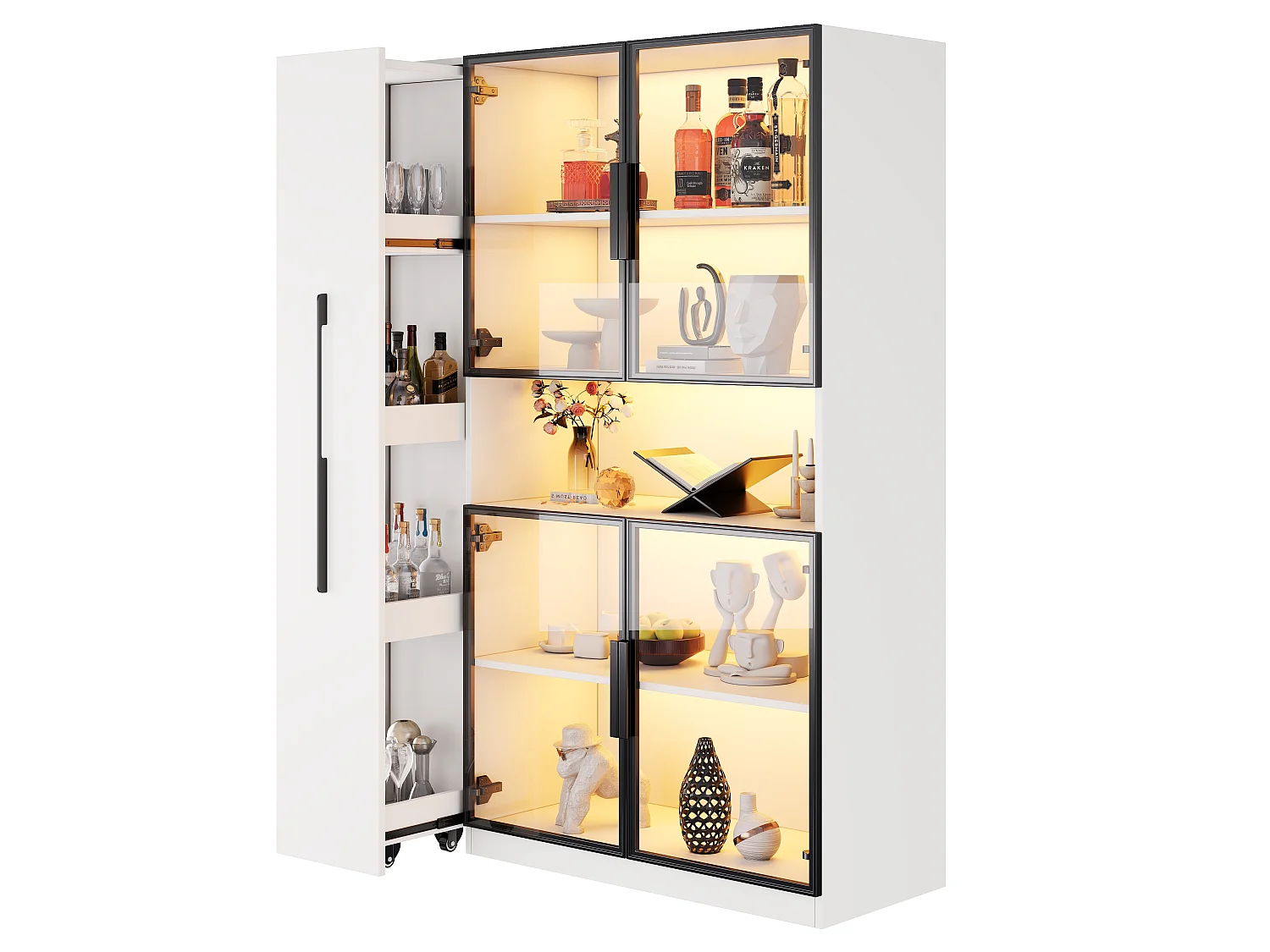 Vitrine mit LED-Beleuchtung, 4 Türen und Auszugsböden – MDF und Glas – 110 x 35 x 160 cm – Weiß