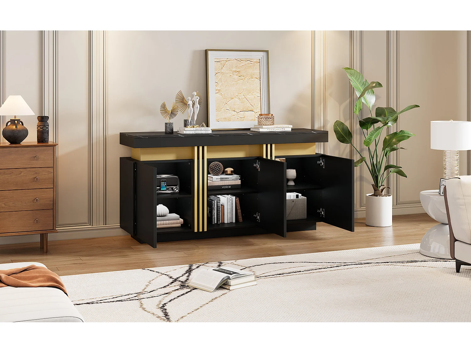 Modern sideboard 140x38x70cm - 3 doors - Adjustable shelves - Black