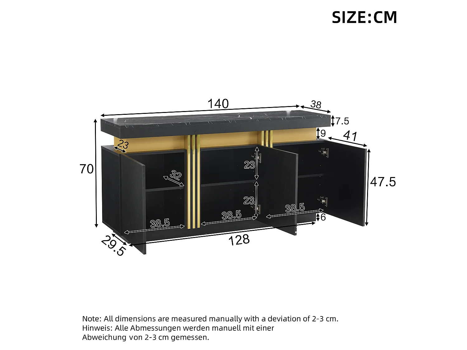 Modern sideboard 140x38x70cm - 3 doors - Adjustable shelves - Black