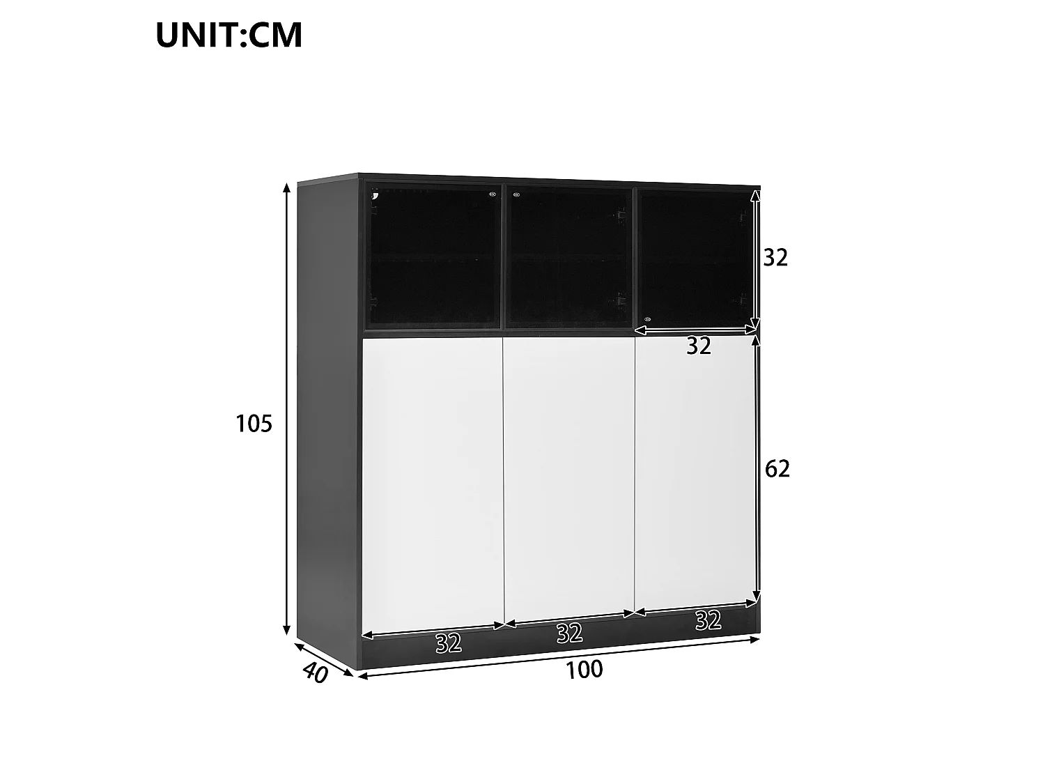 Vitrine mit 6 Türen und 14 Fächern – 100 x 40 x 105 cm – Spanplatte und Glas – 24-farbige LED-Beleuchtung – Weiß und Schwarz