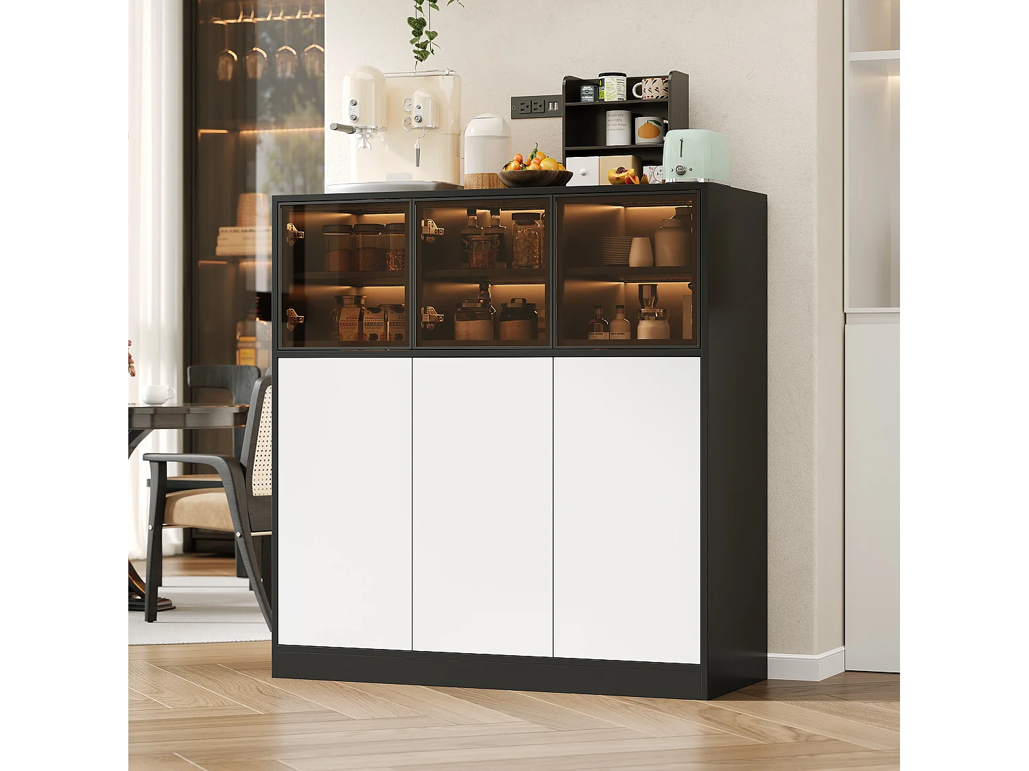 Vitrine mit 6 Türen und 14 Fächern – 100 x 40 x 105 cm – Spanplatte und Glas – 24-farbige LED-Beleuchtung – Weiß und Schwarz