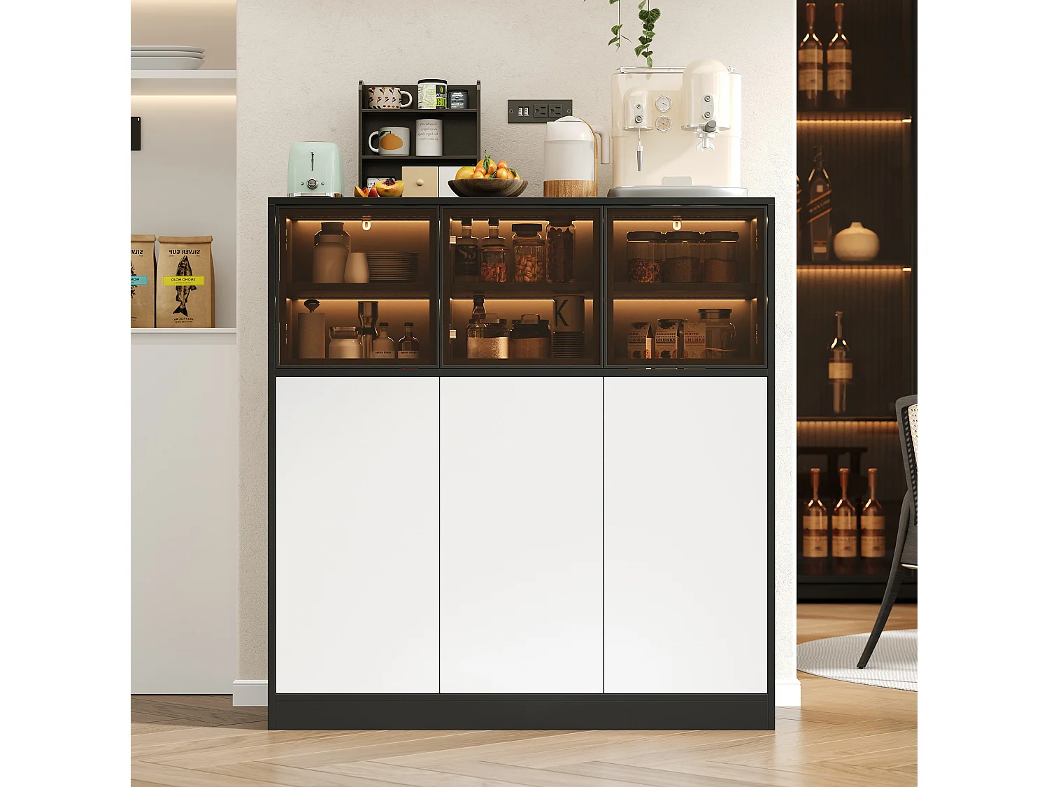 Vitrine mit 6 Türen und 14 Fächern – 100 x 40 x 105 cm – Spanplatte und Glas – 24-farbige LED-Beleuchtung – Weiß und Schwarz