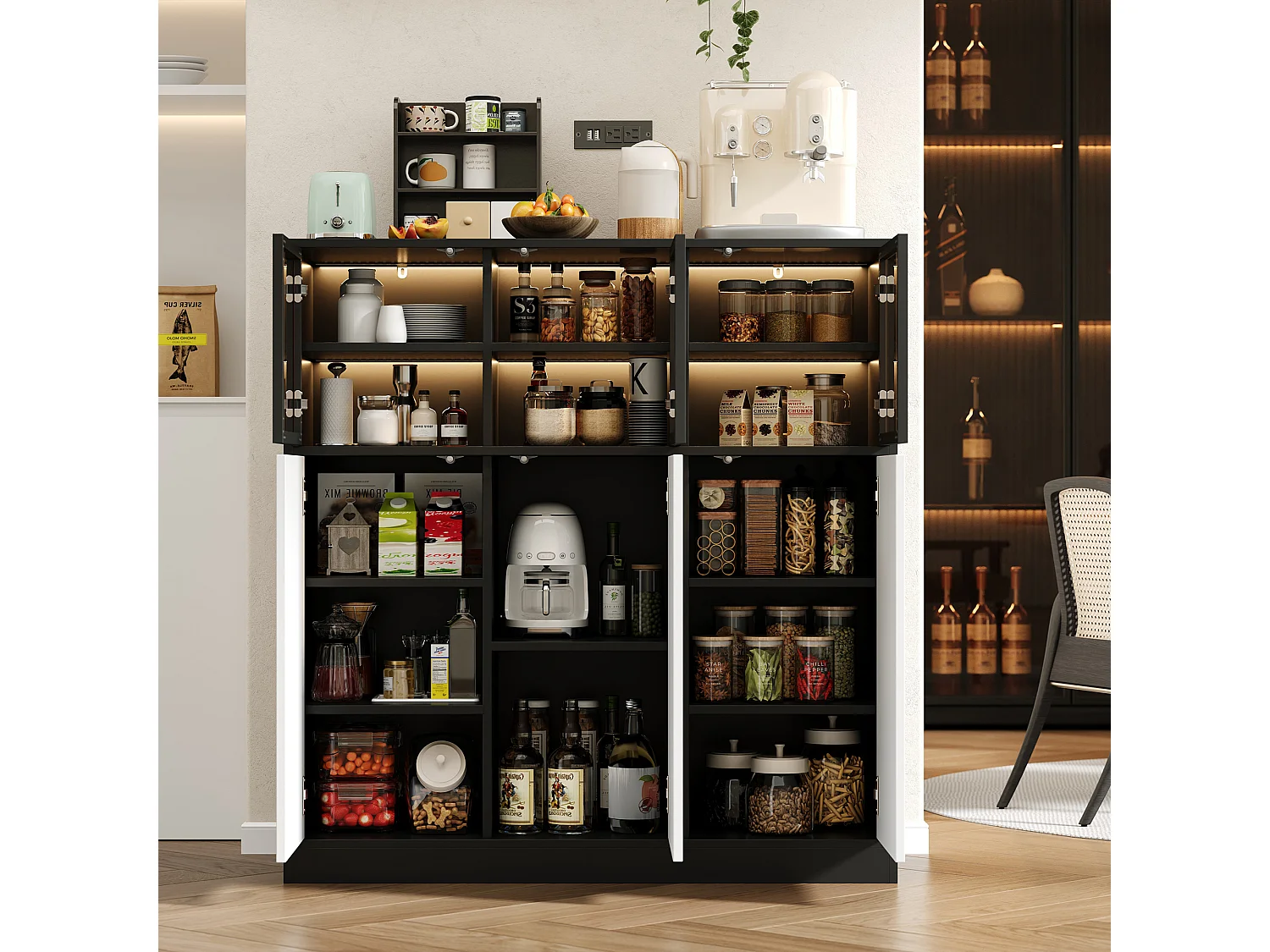 Vitrine mit 6 Türen und 14 Fächern – 100 x 40 x 105 cm – Spanplatte und Glas – 24-farbige LED-Beleuchtung – Weiß und Schwarz
