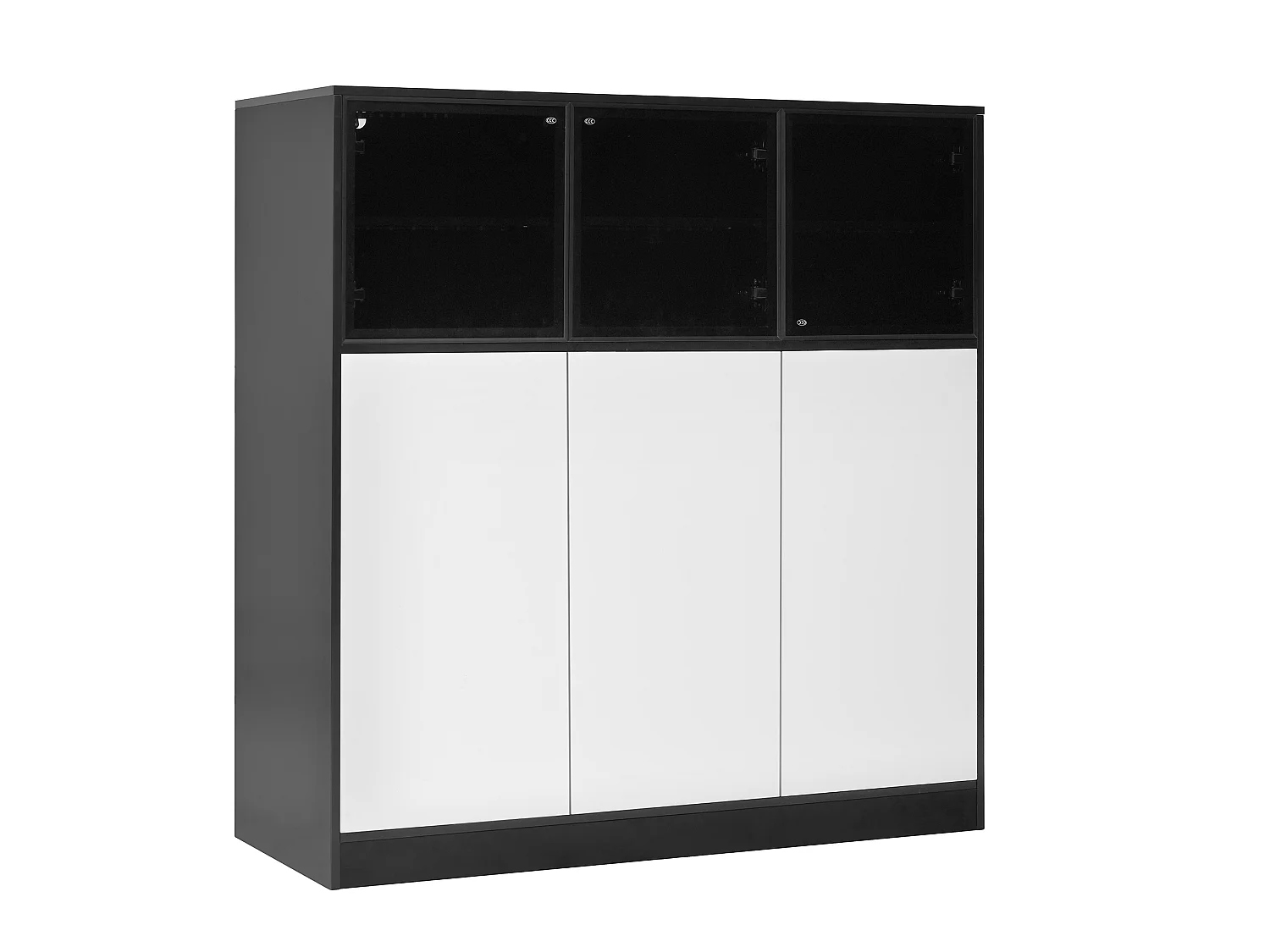 Vitrine mit 6 Türen und 14 Fächern – 100 x 40 x 105 cm – Spanplatte und Glas – 24-farbige LED-Beleuchtung – Weiß und Schwarz