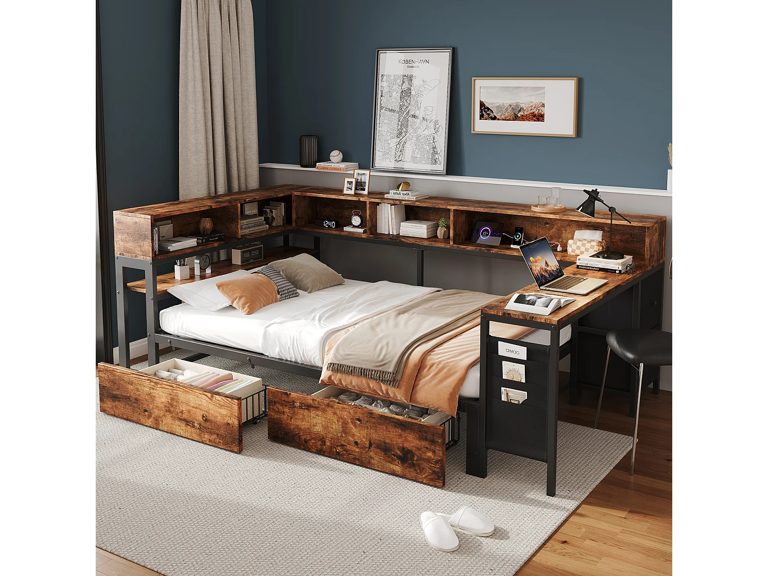 Lit adulte 120 x 200 cm avec rangement et port de chargement - Noir et bois foncé
