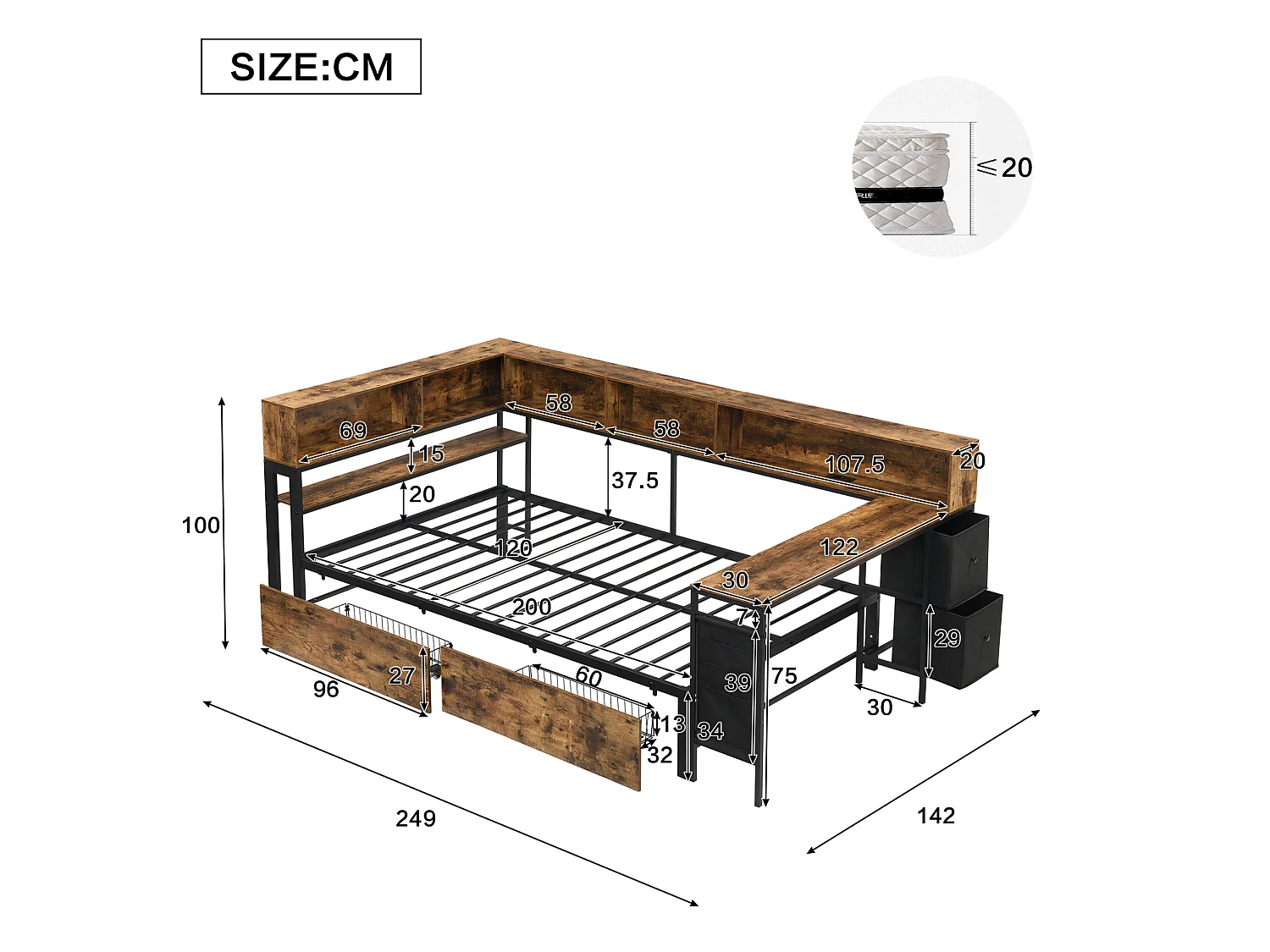 Lit adulte 120 x 200 cm avec rangement et port de chargement - Noir et bois foncé